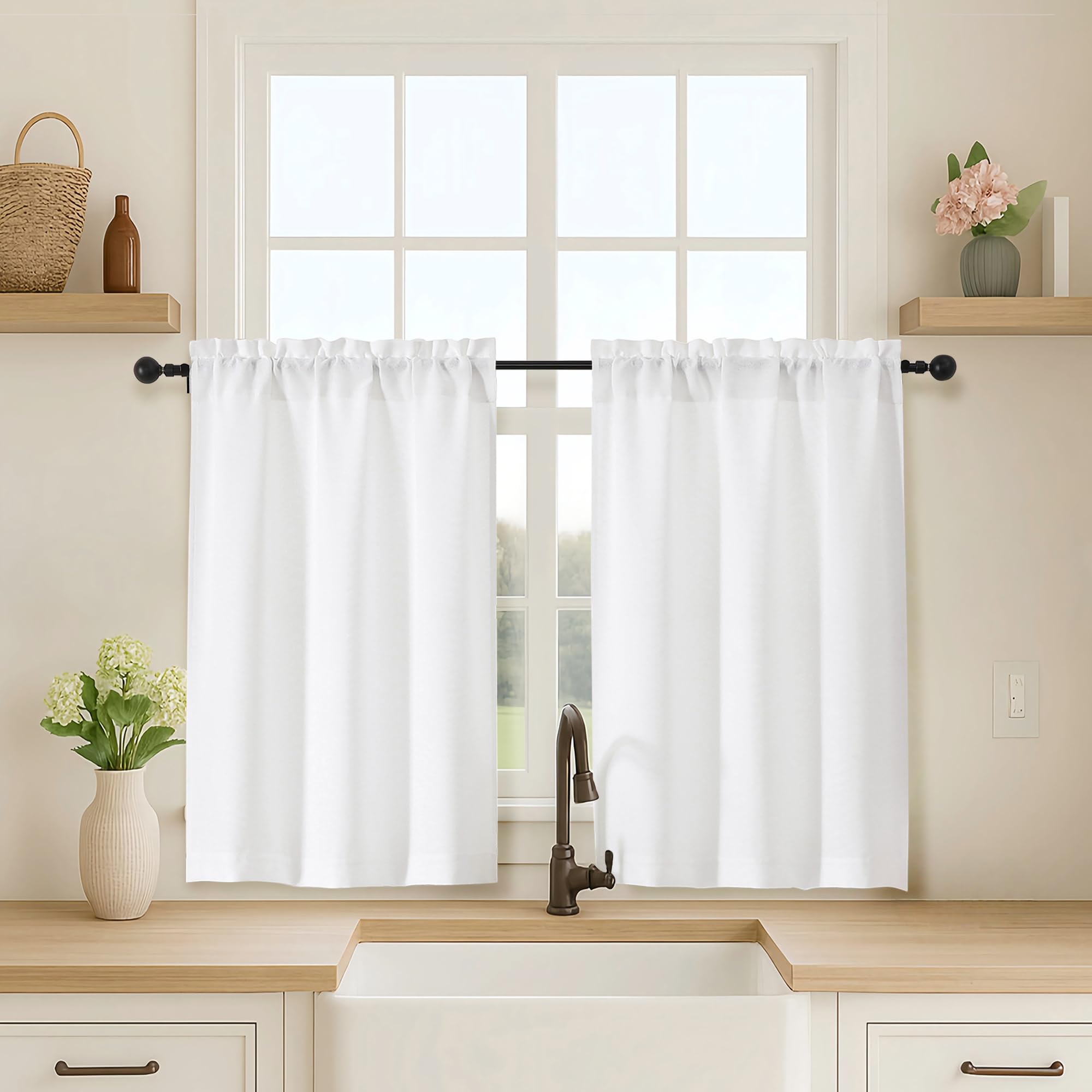 OVZME Kitchen Curtains 24 Inch Length, Light Filtering Faux Linen Textured Small Cafe Curtains, Short Window Curtain Tiers for Cabinet Bathroom Basement RV Camper, 30Wx24L Inch, 2PCS, Terracotta