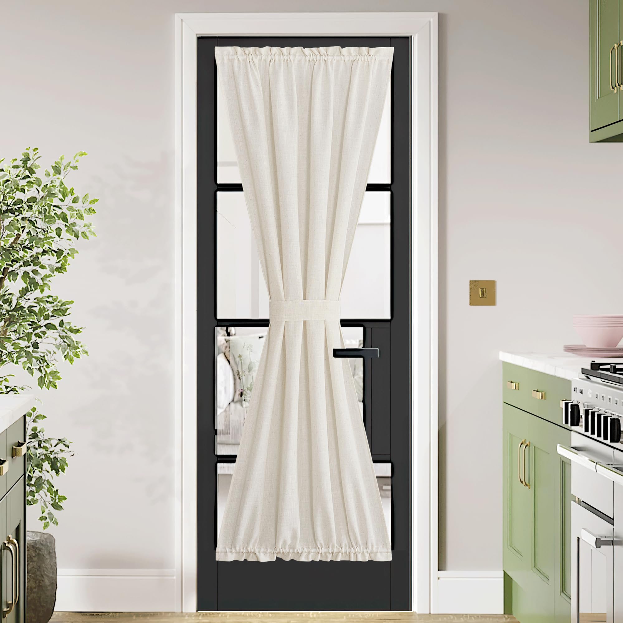 NICETOWN Front Door Curtain - Soft Beige Linen Weave Pattern Door Shade for Windows Light Filtering Rod Pocket French Window Cover for Entryway/Garage with Tieback, 1 Panel, 26" W x 40" L