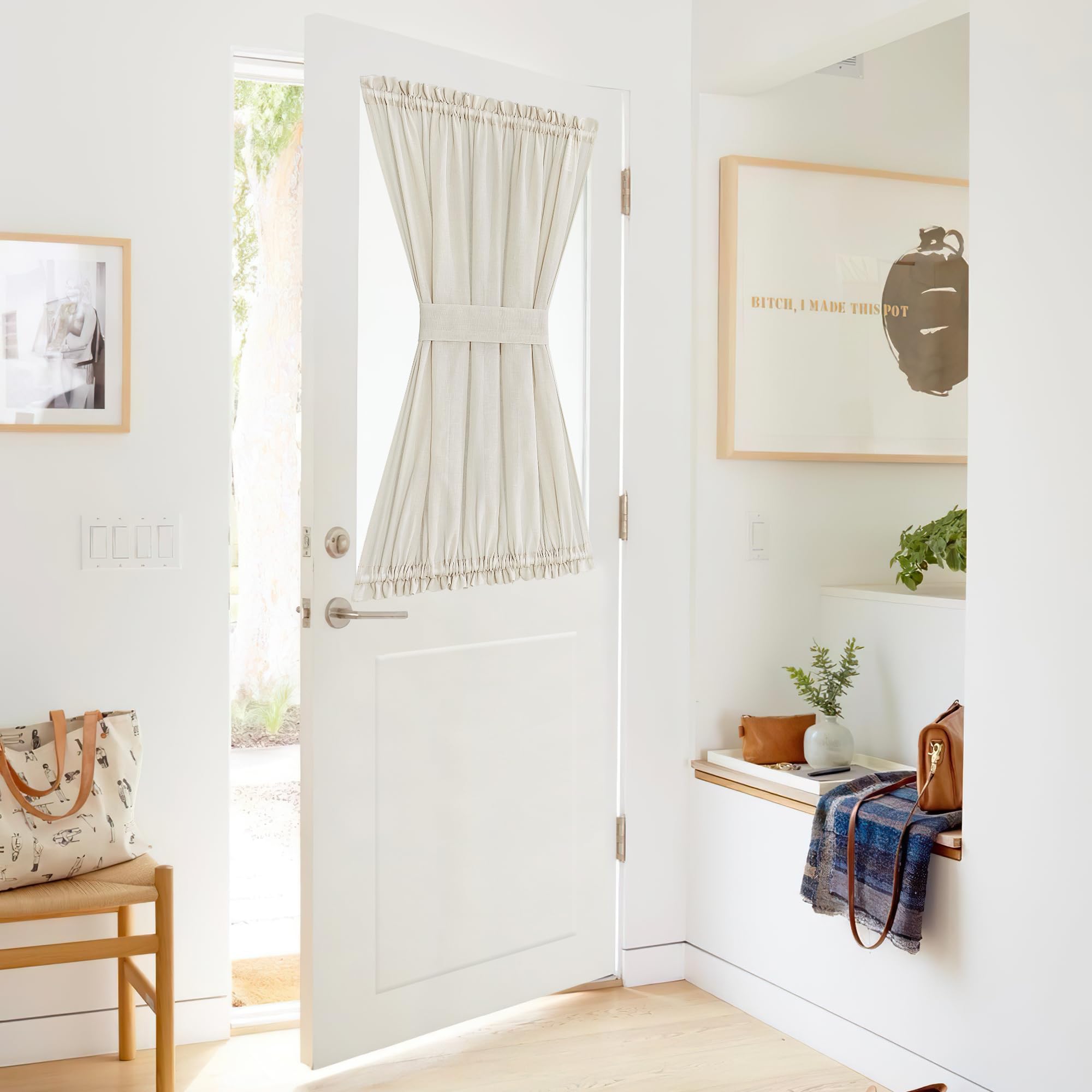 NICETOWN Front Door Curtain - Soft Beige Linen Weave Pattern Door Shade for Windows Light Filtering Rod Pocket French Window Cover for Entryway/Garage with Tieback, 1 Panel, 26" W x 40" L
