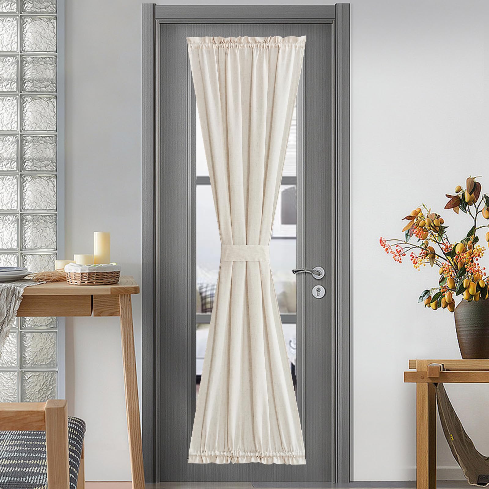 NICETOWN Front Door Curtain - Soft Beige Linen Weave Pattern Door Shade for Windows Light Filtering Rod Pocket French Window Cover for Entryway/Garage with Tieback, 1 Panel, 26" W x 40" L