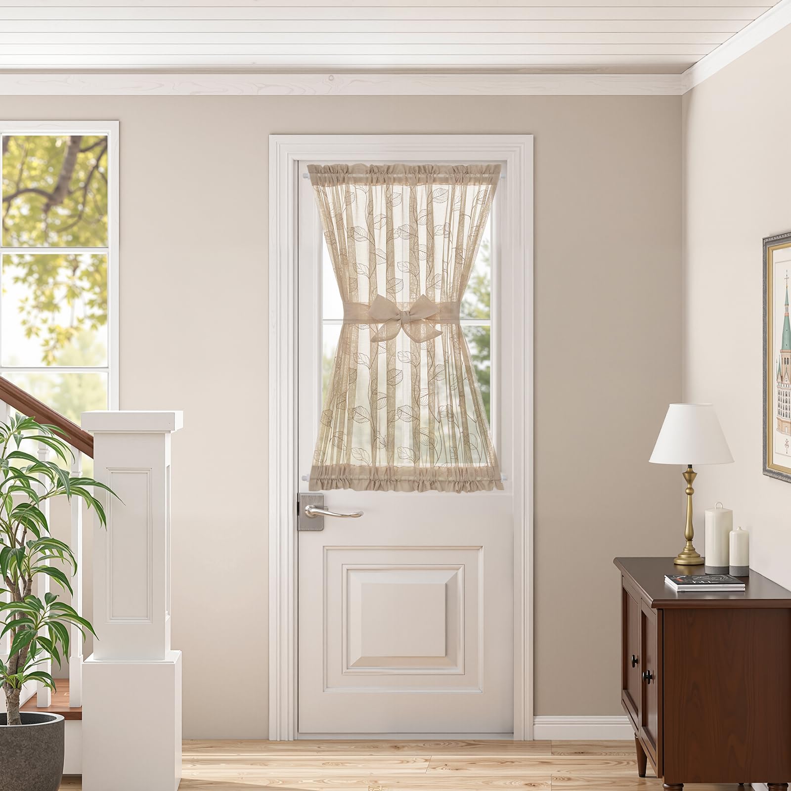 jinchan French Door Curtain Privacy Boho Embroidered Semi Sheer Voile Front Curtain for Window Doorway Closet, Door Panel with Tieback Rod Pocket 1 Panel (White on Beige, 55W x 40L Inch)