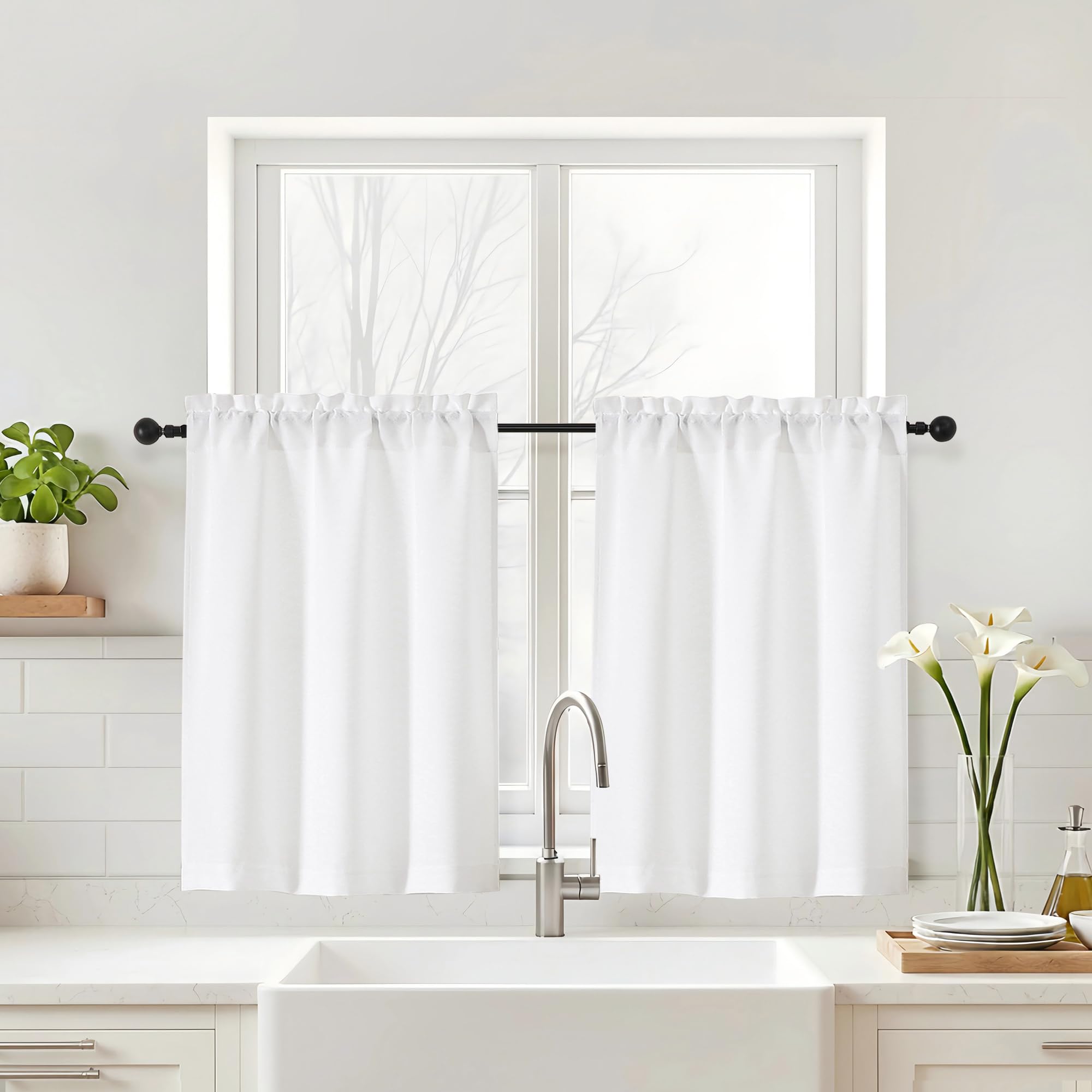 Navy Blue Kitchen Curtains 24 Inch Length - Faux Linen Textured Light Filtering Short Curtains for Bathroom, Rod Pocket Small Kitchen Window Curtains Over Sink, 2 Panels, 30Wx24L Inches