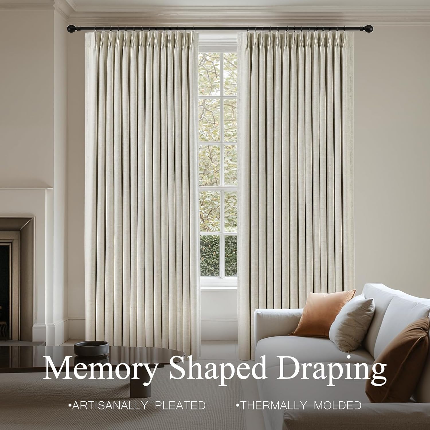 Pinch Pleated Curtains 100% Blackout Linen Curtains 95 Inches Long for Bedroom Living Room, Natural Memory Trained Thermal Insulated Room Darkening Window Pleat Drapes with Hooks, 2 Panels, 40"Wx95"L