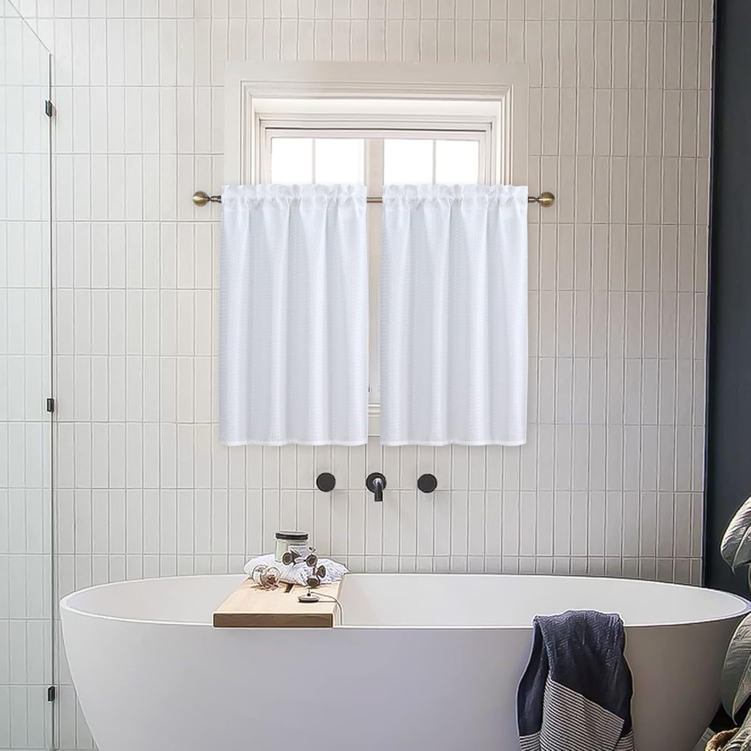 Home Queen White Water Resistant Bathroom Window Curtain, Waffle Textured Half Tier Curtains for Kitchen Cafe, 28" W X 45" L Inches, Set of 2