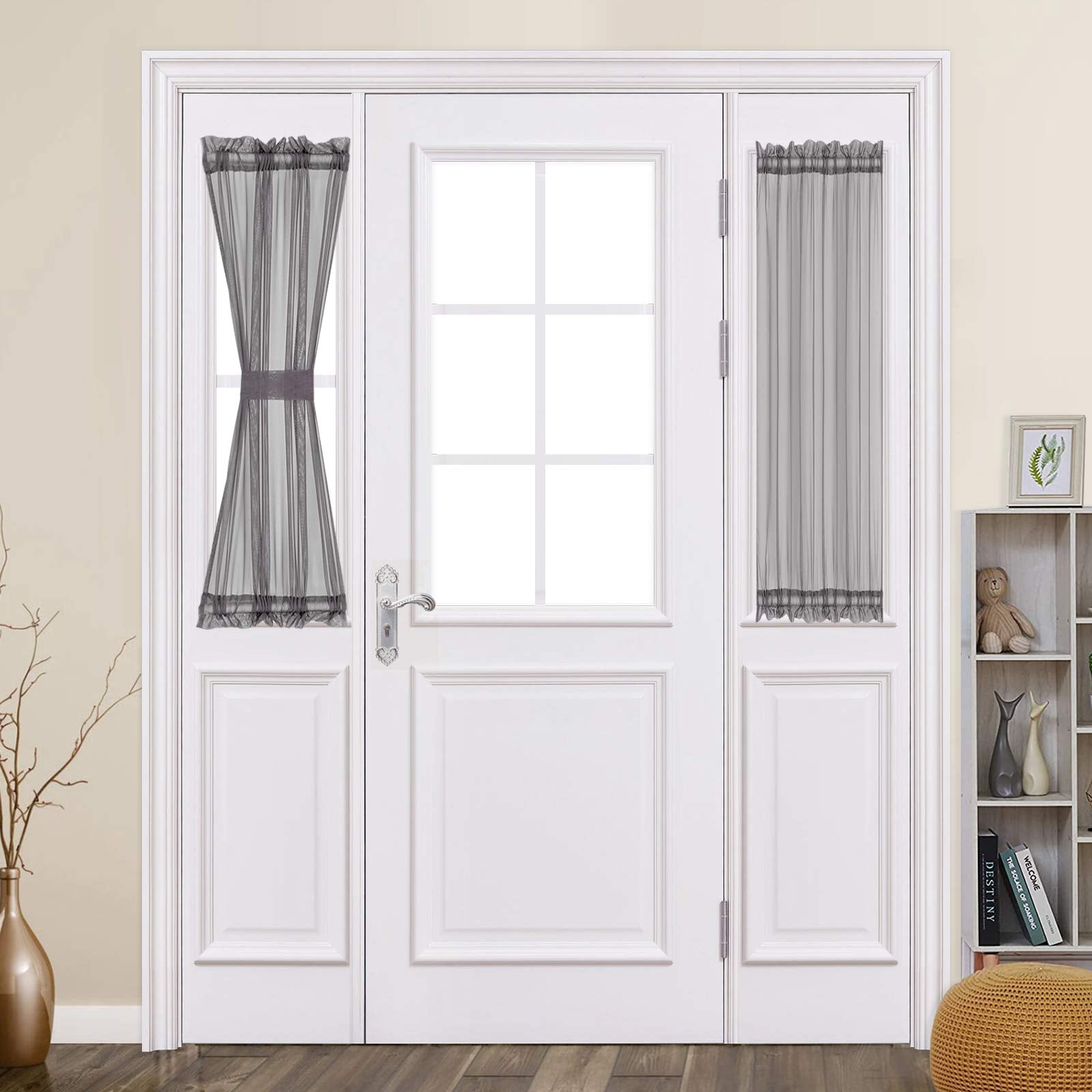 MIULEE 2 Panels Sidelight French Door Curtains Semi Sheer Light Filtering Window Treatment 25 x 72 Inches with Tieback - 2 Panels,Light Grey