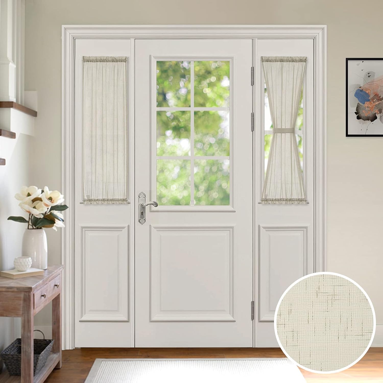 MIULEE 2 Panels Natural French Door Sheer Curtains Linen Textured Window Treatment for Light Filtering with Tieback W 25 x L 40 Inches