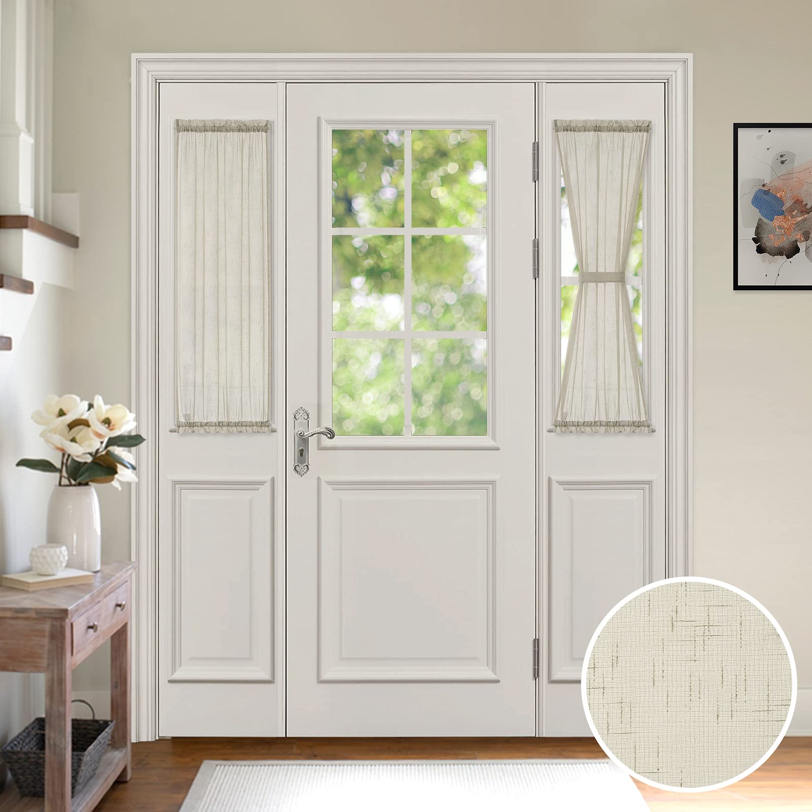 MIULEE 2 Panels Natural French Door Sheer Curtains Linen Textured Window Treatment for Light Filtering with Tieback W 25 x L 40 Inches