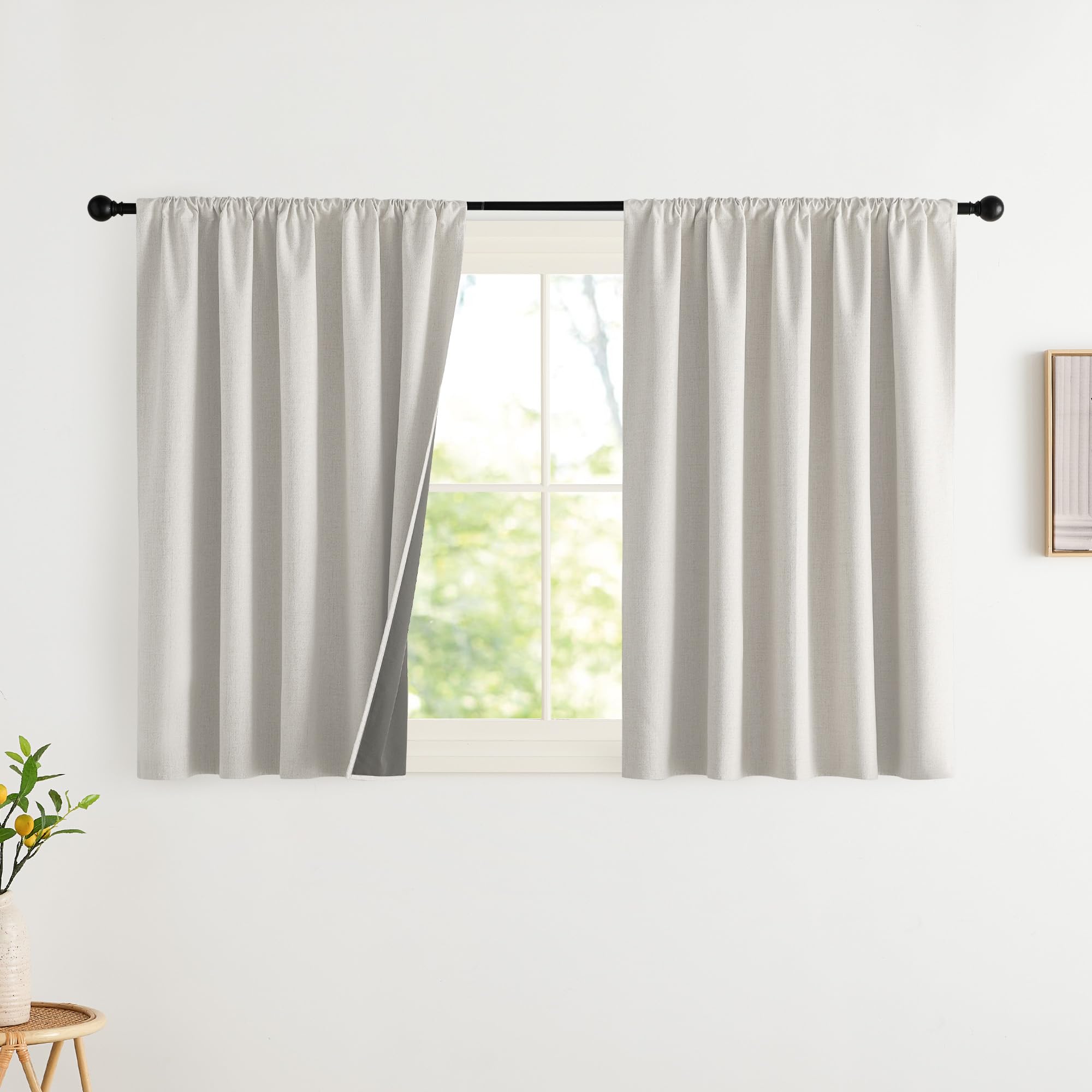 NICETOWN 100% Blackout Curtains for Bedroom, Living Room - Linen Textured Thermal Insulated Drapes Rod Pocket Top, Black Out Curtains with Grey Liner for Privacy, Natural, W52 x L80 in, 2 Panels