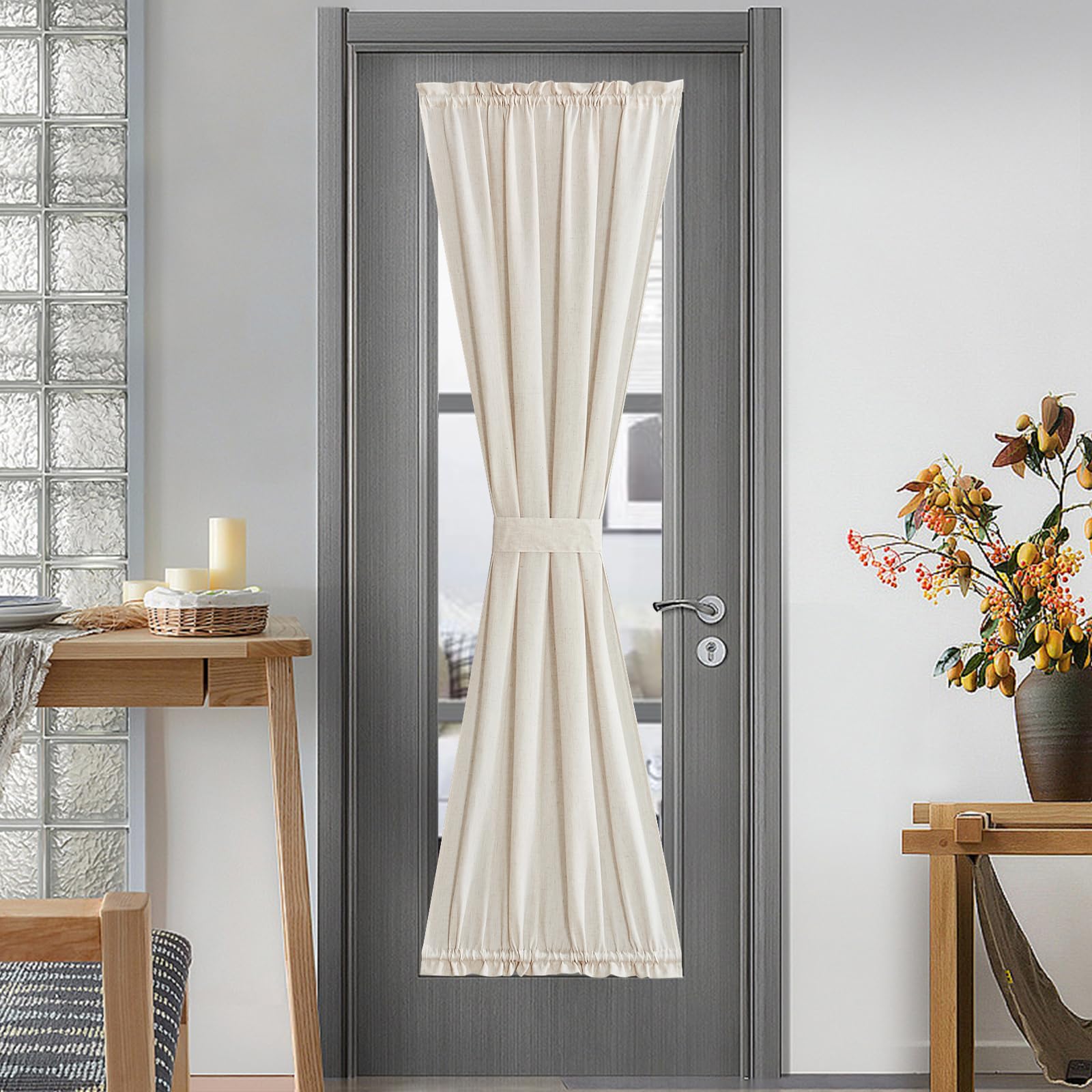 NICETOWN Front Door Curtain - Soft Beige Linen Weave Pattern Door Shade for Windows Light Filtering Rod Pocket French Window Cover for Entryway/Garage with Tieback, 1 Panel, 26" W x 40" L