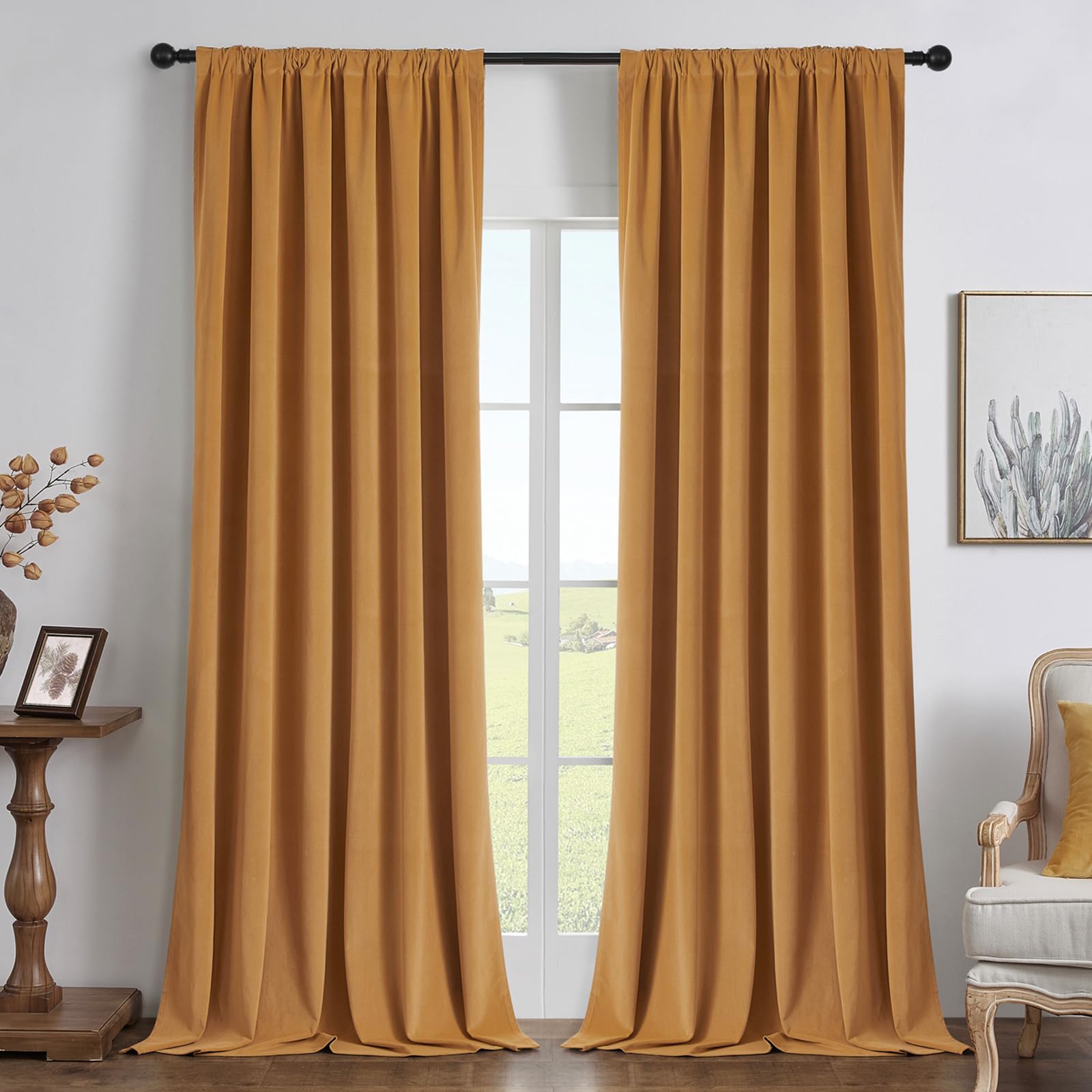 Joydeco Black 100% Blackout Curtains 84 Inch 2 Panels, Luxury Thermal Insulated Black Velvet Curtains for Bedroom Living Room, Soundproof Blackout Window Drapes, Rod Pocket & Back Tab (52W x 84L)