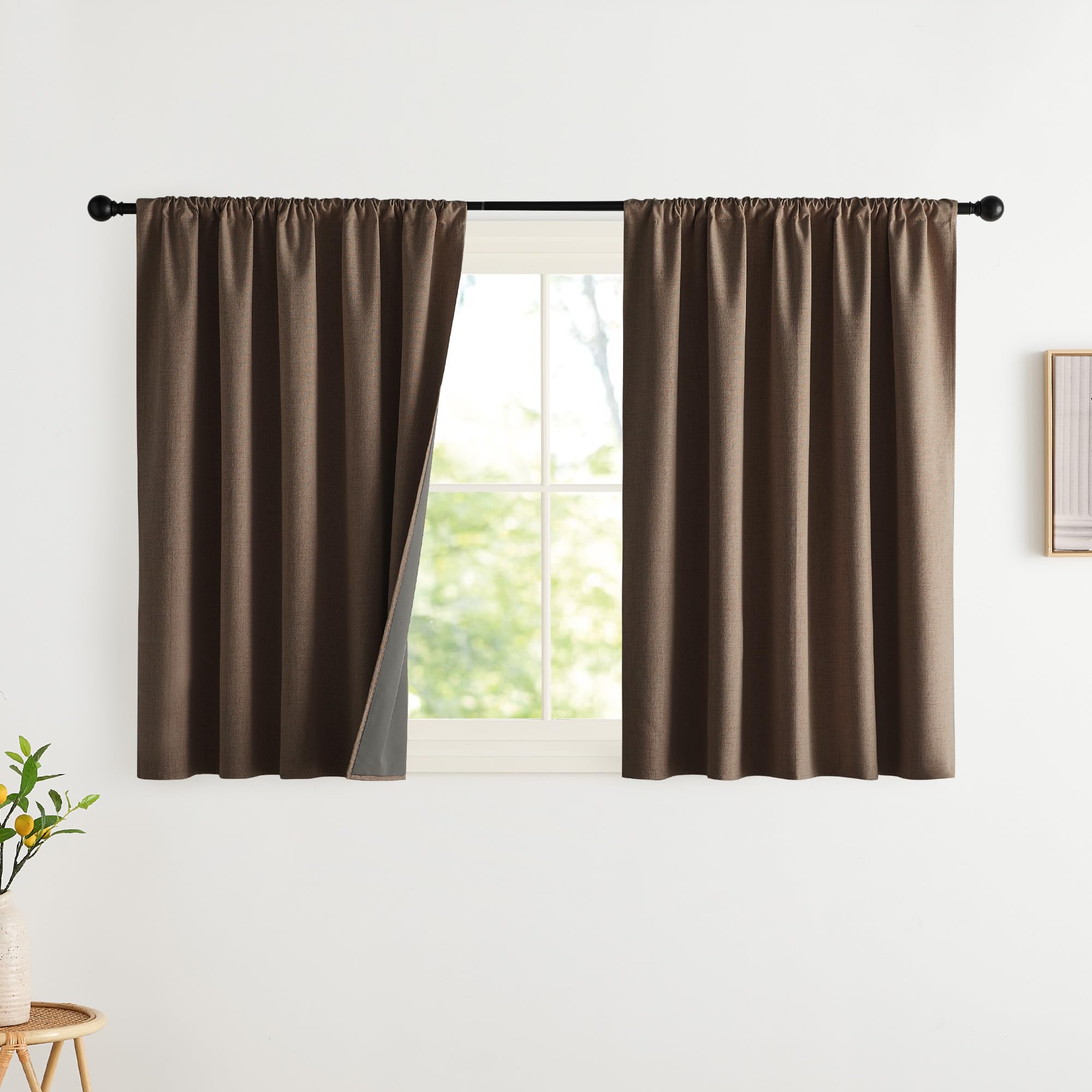 NICETOWN 100% Blackout Curtains for Bedroom, Living Room - Linen Textured Thermal Insulated Drapes Rod Pocket Top, Black Out Curtains with Grey Liner for Privacy, Natural, W52 x L80 in, 2 Panels