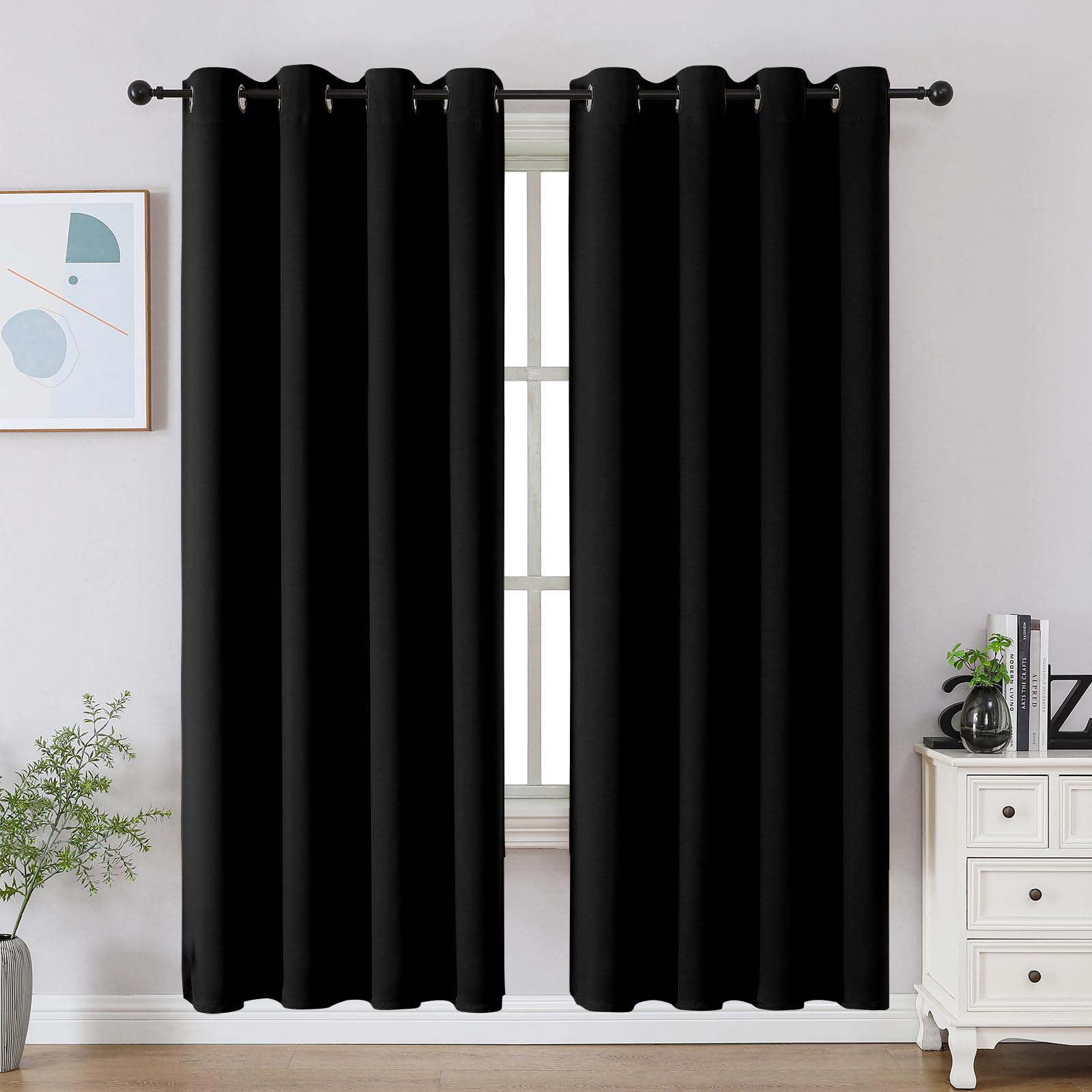 CUCRAF Black Blackout Curtains 72 Inches Long, Thermal Insulated Noise Reducing Grommet Window Drapes for Bedroom & Living Room(52x72 Inch, 2 Panels)