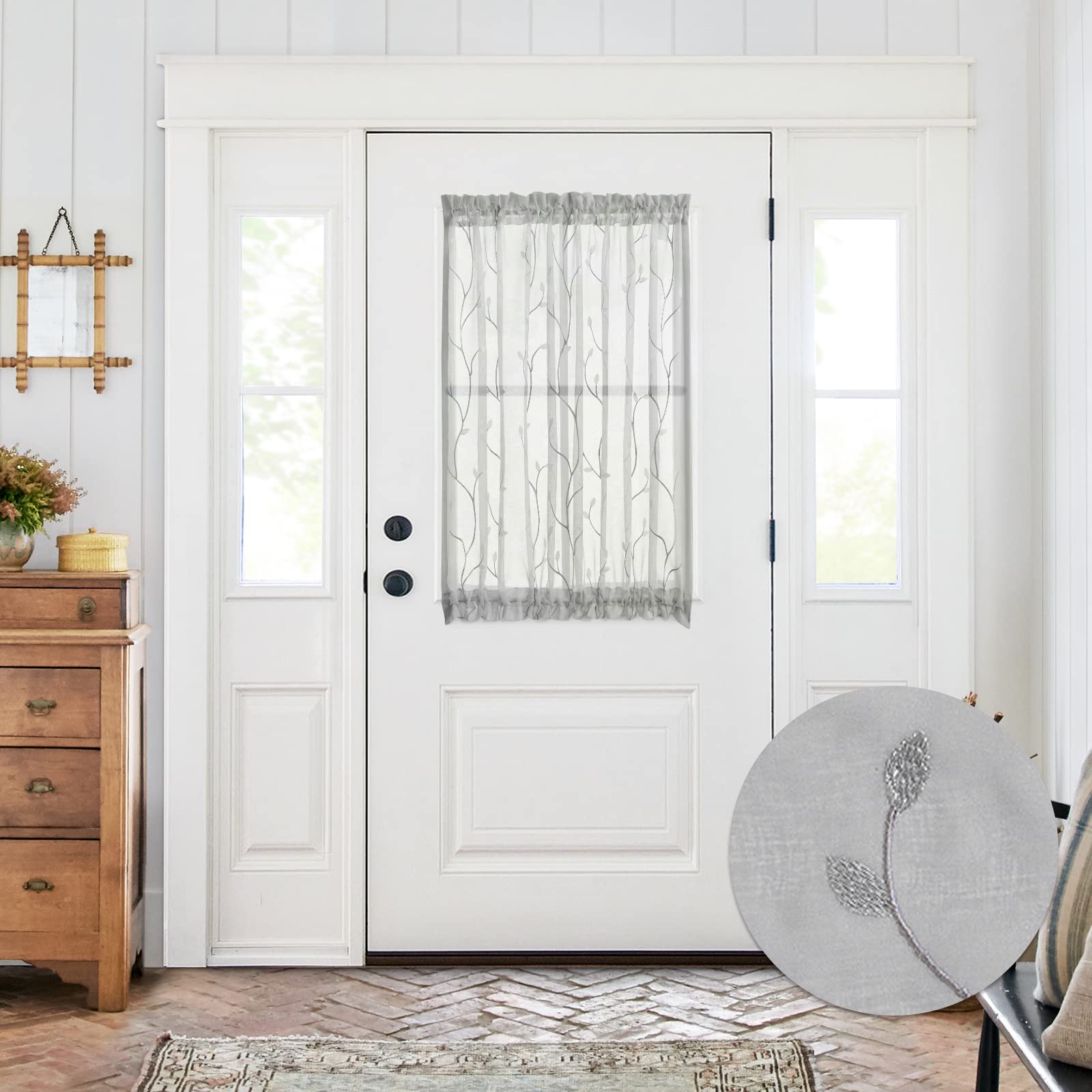 jinchan French Door Curtain Privacy Boho Embroidered Semi Sheer Voile Front Curtain for Window Doorway Closet, Door Panel with Tieback Rod Pocket 1 Panel (White on Beige, 55W x 40L Inch)