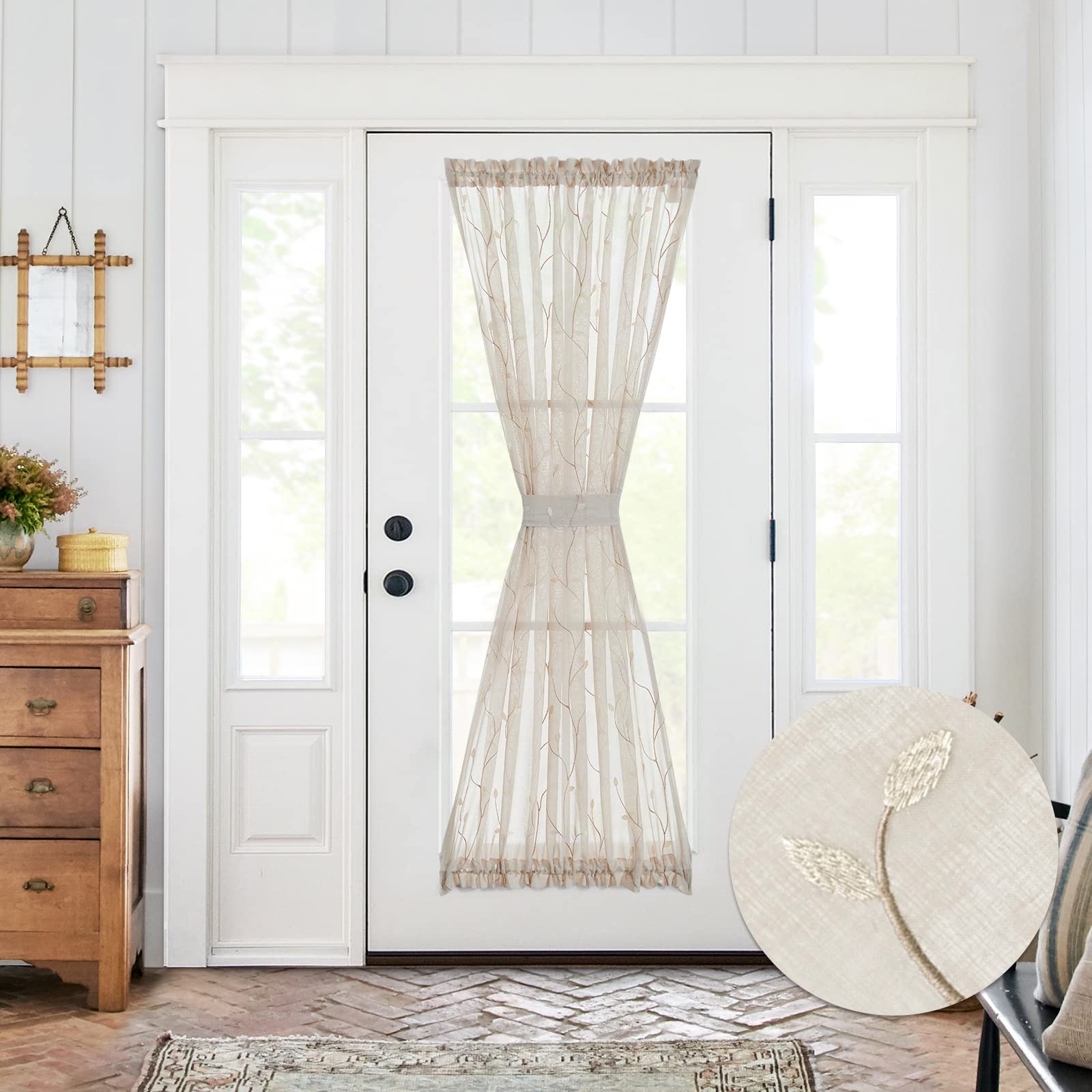 jinchan French Door Curtain Privacy Boho Embroidered Semi Sheer Voile Front Curtain for Window Doorway Closet, Door Panel with Tieback Rod Pocket 1 Panel (White on Beige, 55W x 40L Inch)