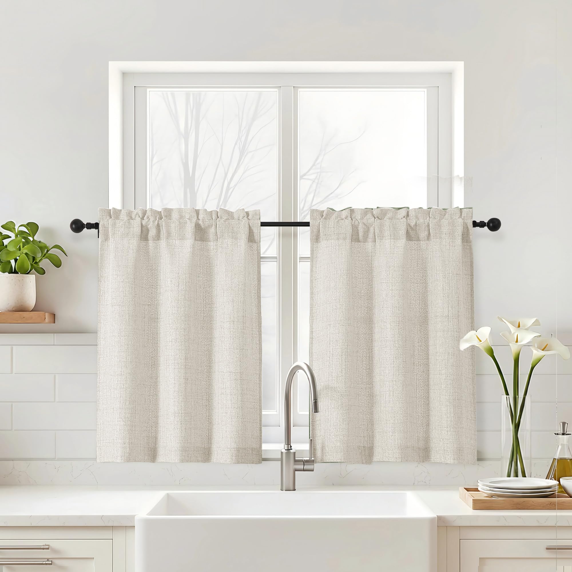 Navy Blue Kitchen Curtains 24 Inch Length - Faux Linen Textured Light Filtering Short Curtains for Bathroom, Rod Pocket Small Kitchen Window Curtains Over Sink, 2 Panels, 30Wx24L Inches