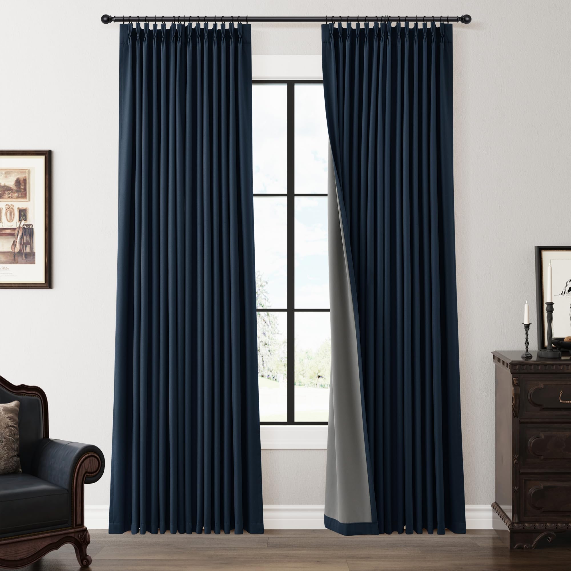 100% Blackout Sage Green Linen Curtains Pinch Pleated Green Blackout Curtains 84 Inches Long for Bedroom Living Room Memory Shaped Thermal Insulated Pinch Pleat Drapes with Hooks Rings Clips 7FT