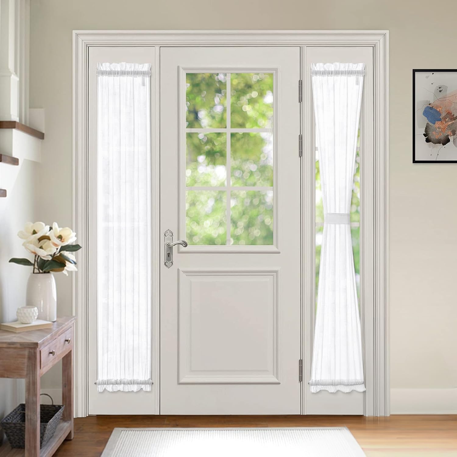 MIULEE 2 Panels Natural French Door Sheer Curtains Linen Textured Window Treatment for Light Filtering with Tieback W 25 x L 40 Inches