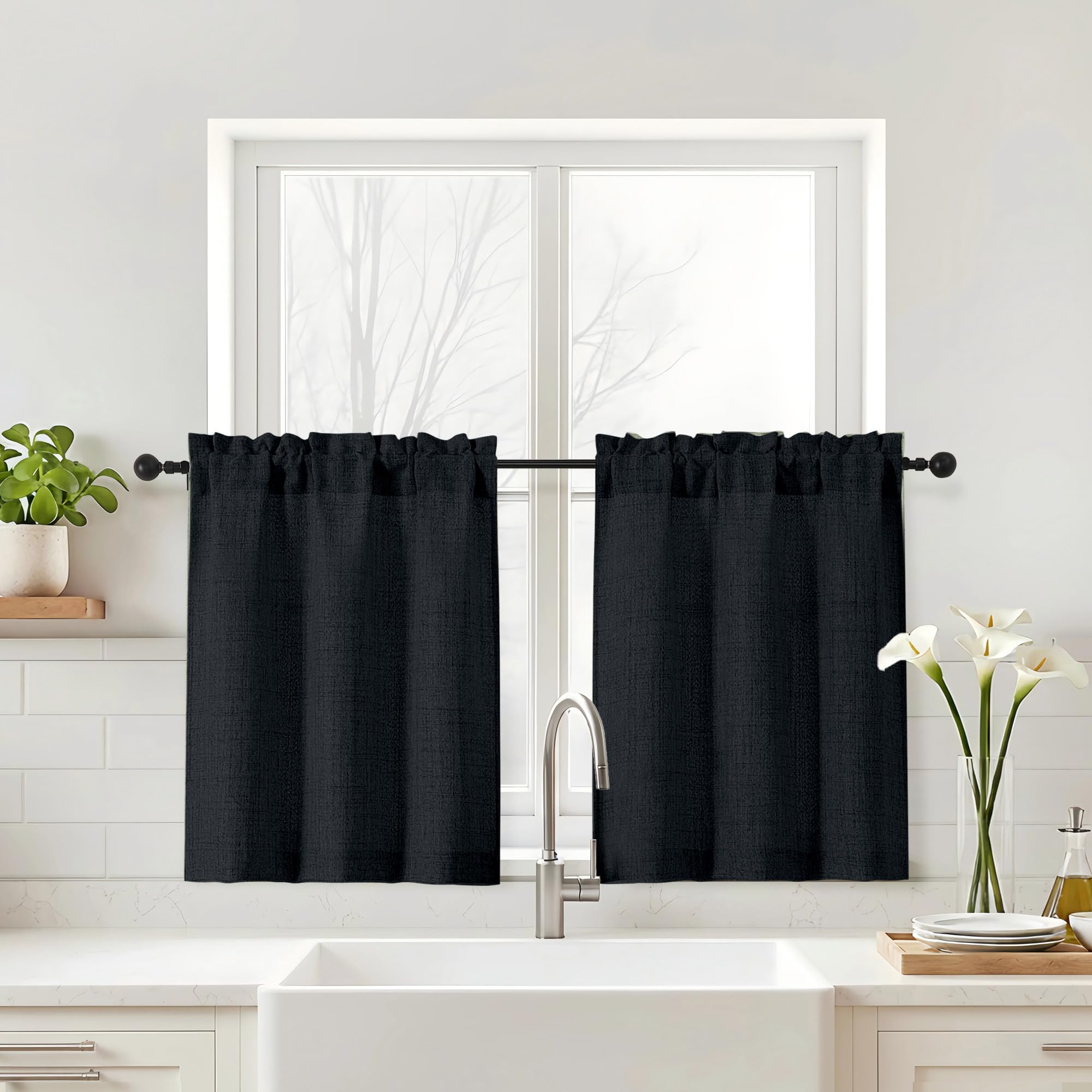 Navy Blue Kitchen Curtains 24 Inch Length - Faux Linen Textured Light Filtering Short Curtains for Bathroom, Rod Pocket Small Kitchen Window Curtains Over Sink, 2 Panels, 30Wx24L Inches