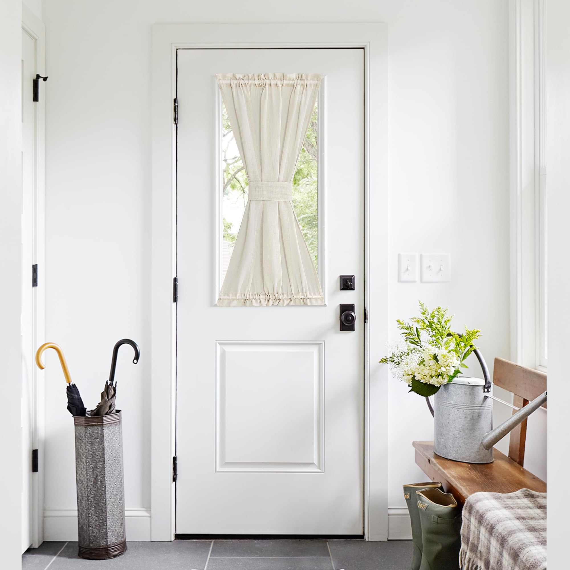 NICETOWN Front Door Curtain - Soft Beige Linen Weave Pattern Door Shade for Windows Light Filtering Rod Pocket French Window Cover for Entryway/Garage with Tieback, 1 Panel, 26" W x 40" L