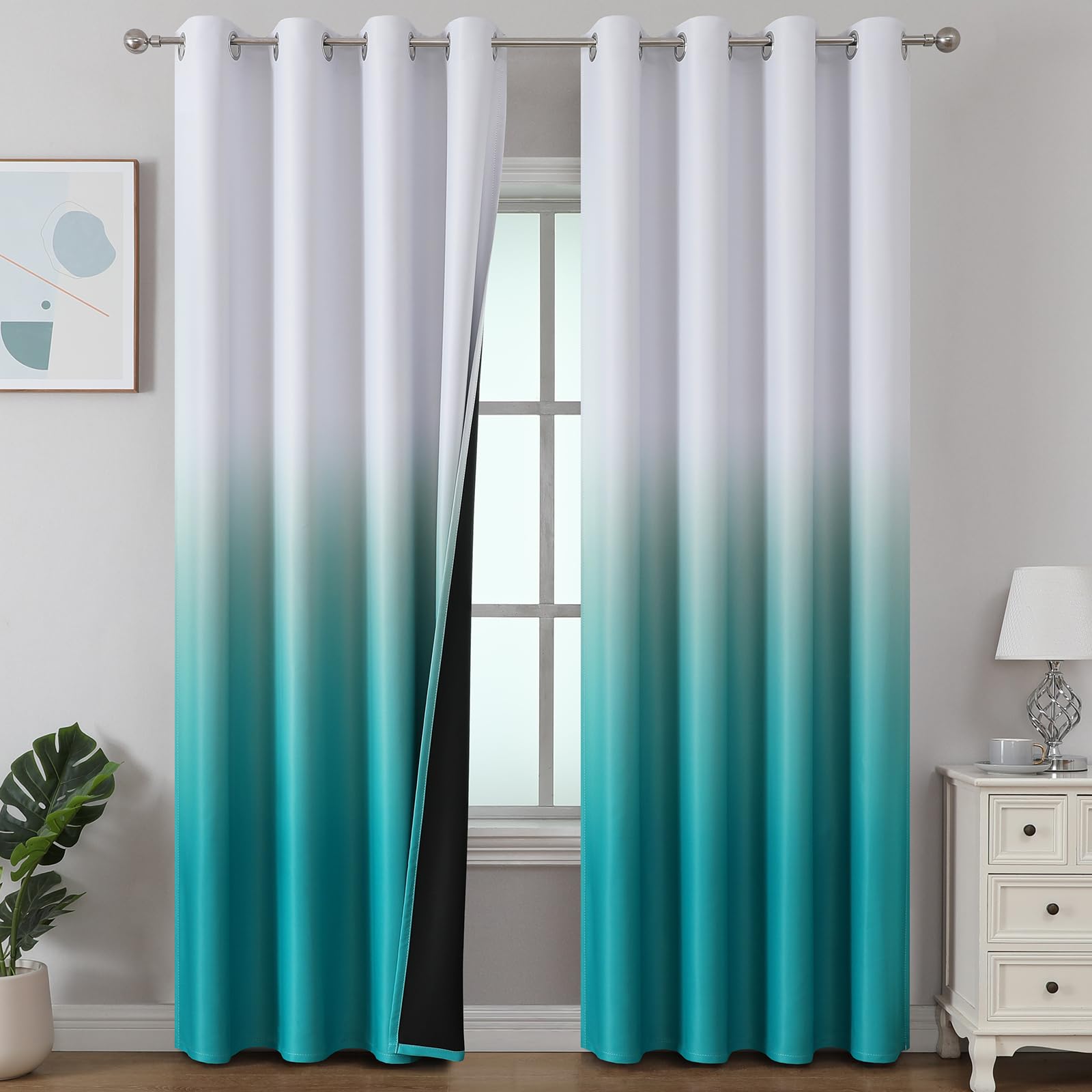 Estelar Textiler Black and Greyish White Blackout Curtains for Bedroom, Ombre Black out Curtains 84 Inch long for Living Room,Room Darkening Thermal Insulated Grommet Window Drapes,52x84 Inch,2 Panels