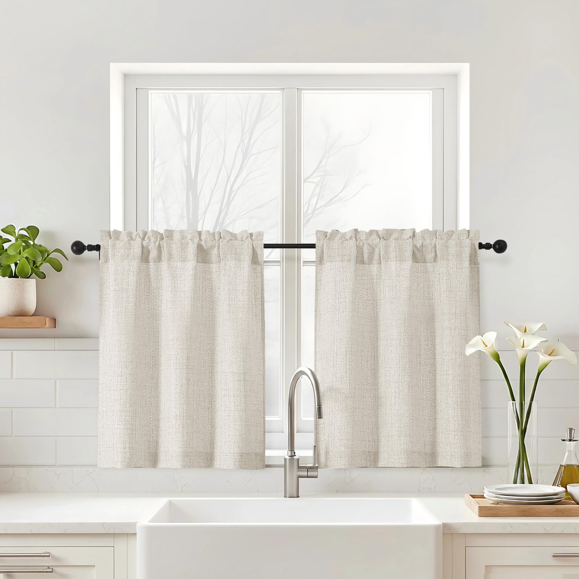 Navy Blue Kitchen Curtains 24 Inch Length - Faux Linen Textured Light Filtering Short Curtains for Bathroom, Rod Pocket Small Kitchen Window Curtains Over Sink, 2 Panels, 30Wx24L Inches