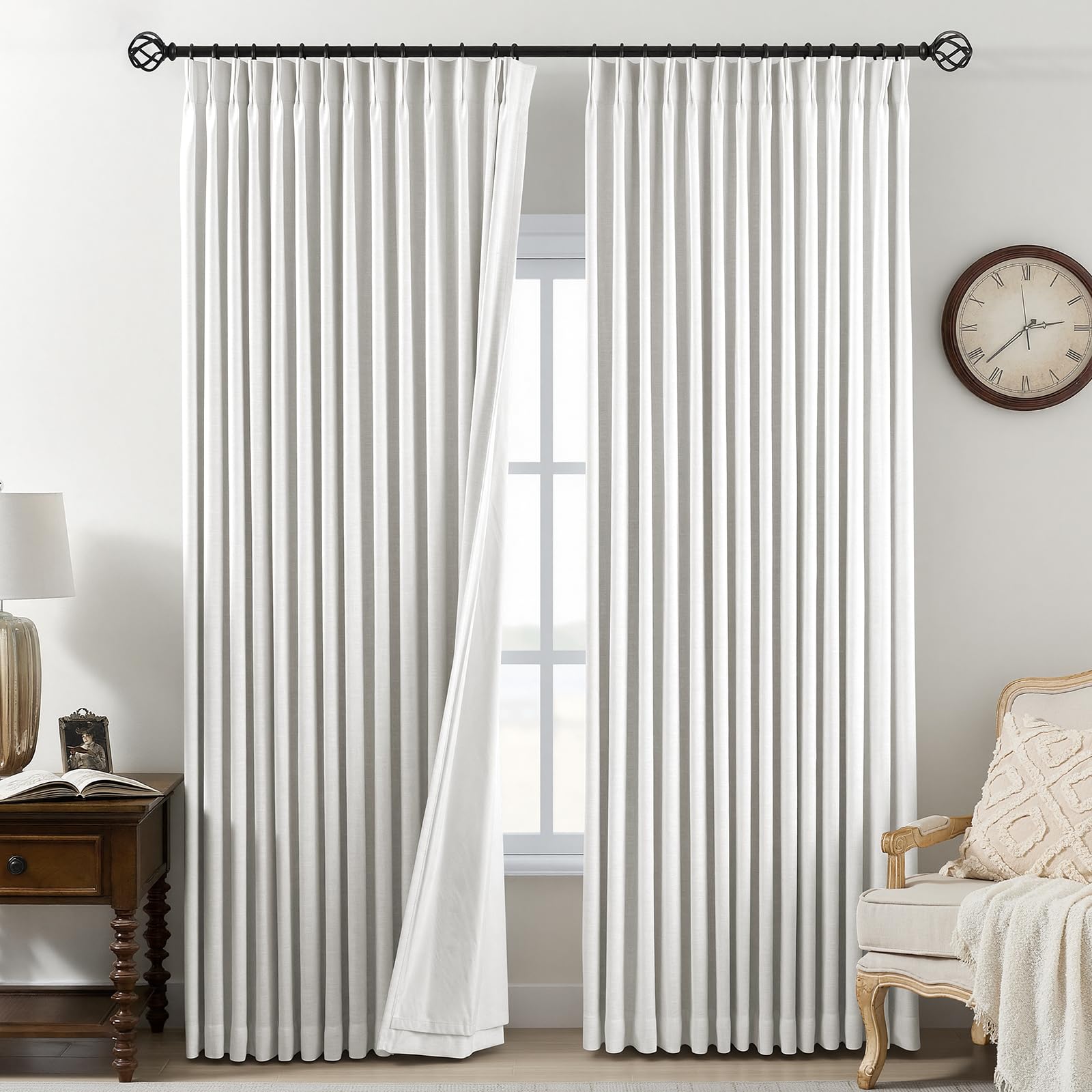 Pinch Pleated Curtains 100% Blackout Linen Curtains 95 Inches Long for Bedroom Living Room, Natural Memory Trained Thermal Insulated Room Darkening Window Pleat Drapes with Hooks, 2 Panels, 40"Wx95"L