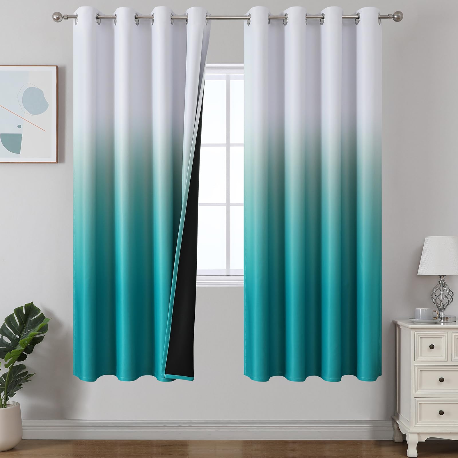 Estelar Textiler Black and Greyish White Blackout Curtains for Bedroom, Ombre Black out Curtains 84 Inch long for Living Room,Room Darkening Thermal Insulated Grommet Window Drapes,52x84 Inch,2 Panels