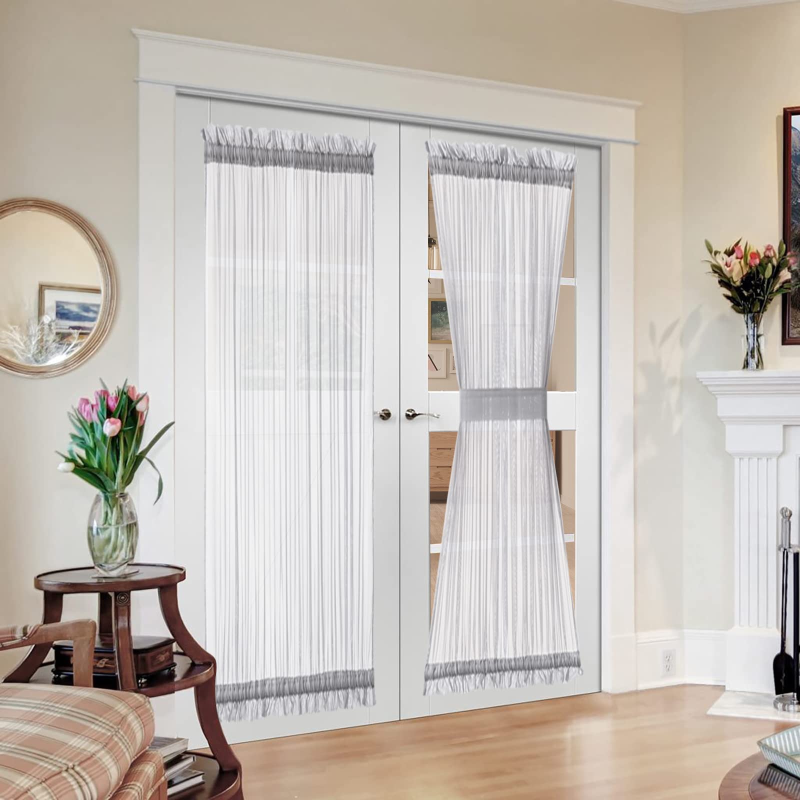 MIULEE 2 Panels Sidelight French Door Curtains Semi Sheer Light Filtering Window Treatment 25 x 72 Inches with Tieback - 2 Panels,Light Grey