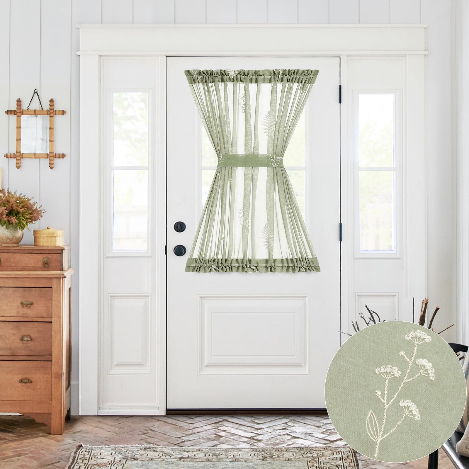 jinchan French Door Curtain Privacy Boho Embroidered Semi Sheer Voile Front Curtain for Window Doorway Closet, Door Panel with Tieback Rod Pocket 1 Panel (White on Beige, 55W x 40L Inch)