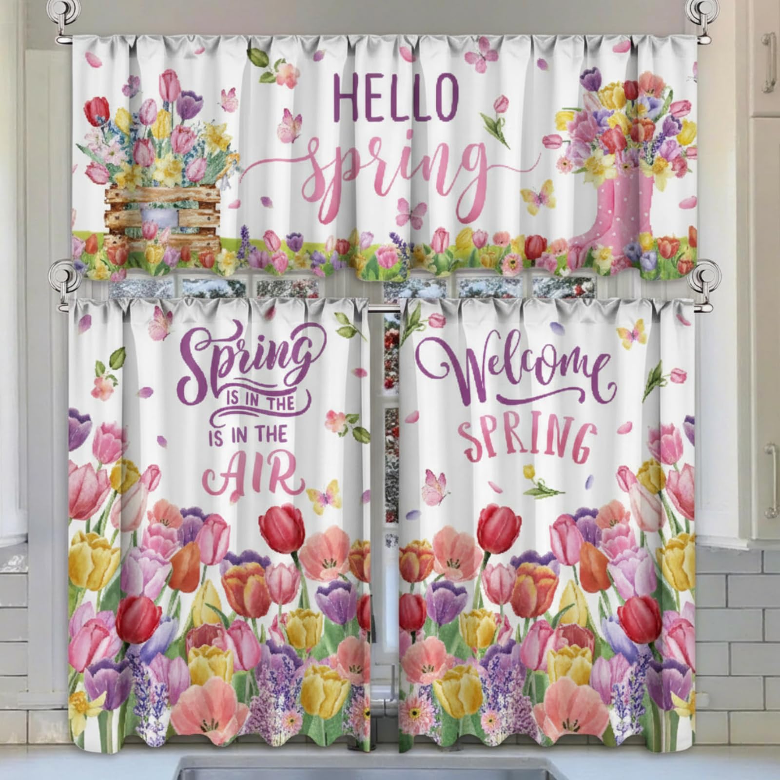 Breling 3 Pcs Teal Daisy Kitchen Curtains Valances and Tiers Set for Windows Spring Daisy Garden Flying Butterflies Boots Blue Decor Short Curtain Set for Bedroom Window Turquoise Decor Party Supplies