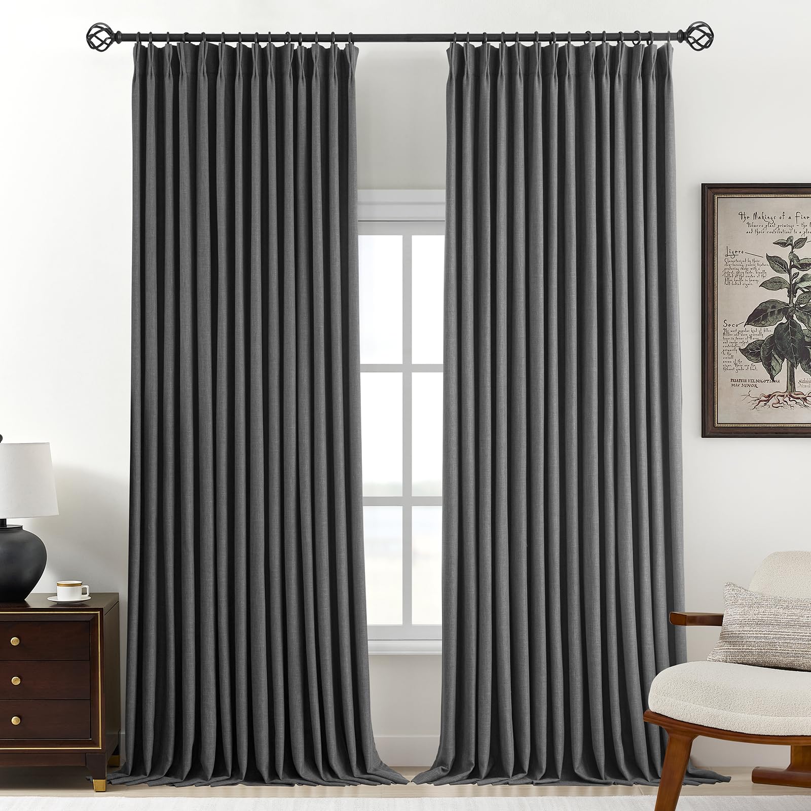 Pinch Pleated Curtains 100% Blackout Linen Curtains 95 Inches Long for Bedroom Living Room, Natural Memory Trained Thermal Insulated Room Darkening Window Pleat Drapes with Hooks, 2 Panels, 40"Wx95"L