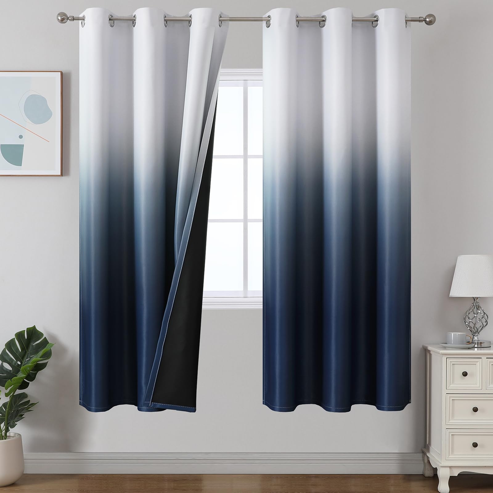Estelar Textiler Black and Greyish White Blackout Curtains for Bedroom, Ombre Black out Curtains 84 Inch long for Living Room,Room Darkening Thermal Insulated Grommet Window Drapes,52x84 Inch,2 Panels