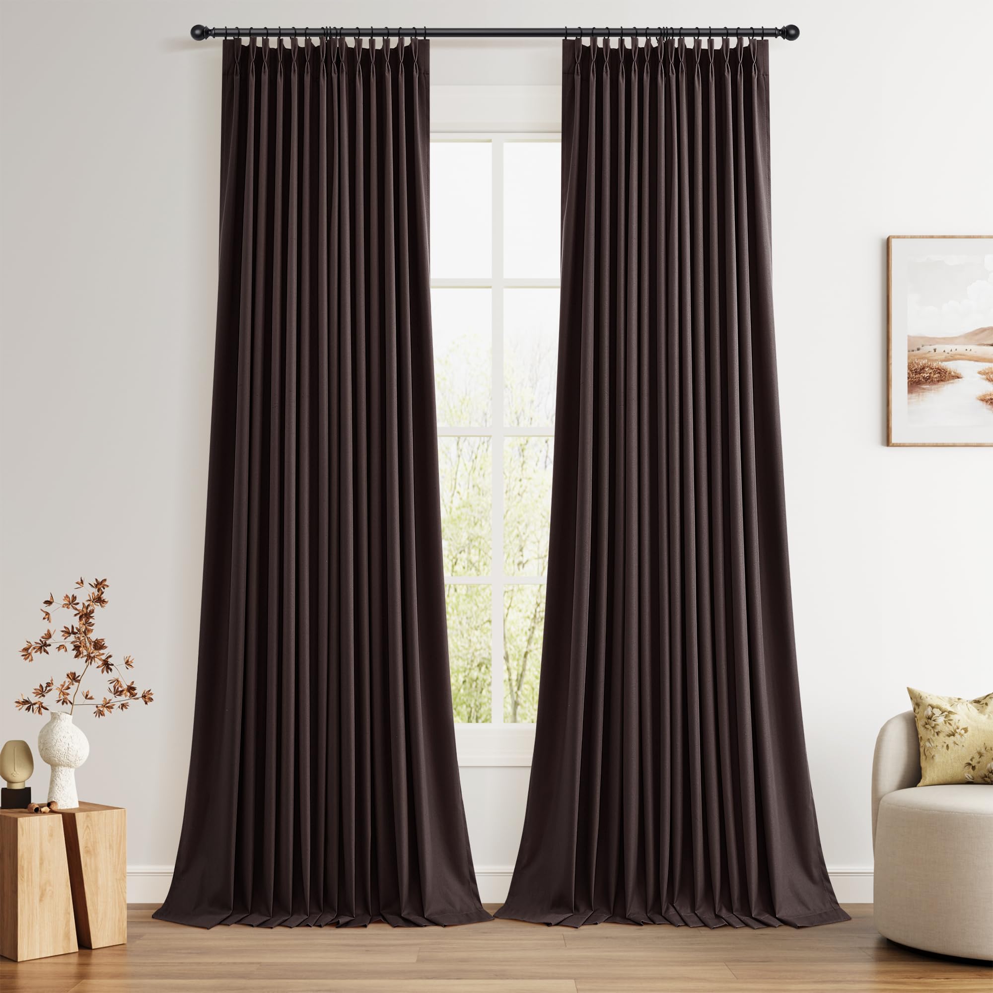 100% Blackout Sage Green Linen Curtains Pinch Pleated Green Blackout Curtains 84 Inches Long for Bedroom Living Room Memory Shaped Thermal Insulated Pinch Pleat Drapes with Hooks Rings Clips 7FT