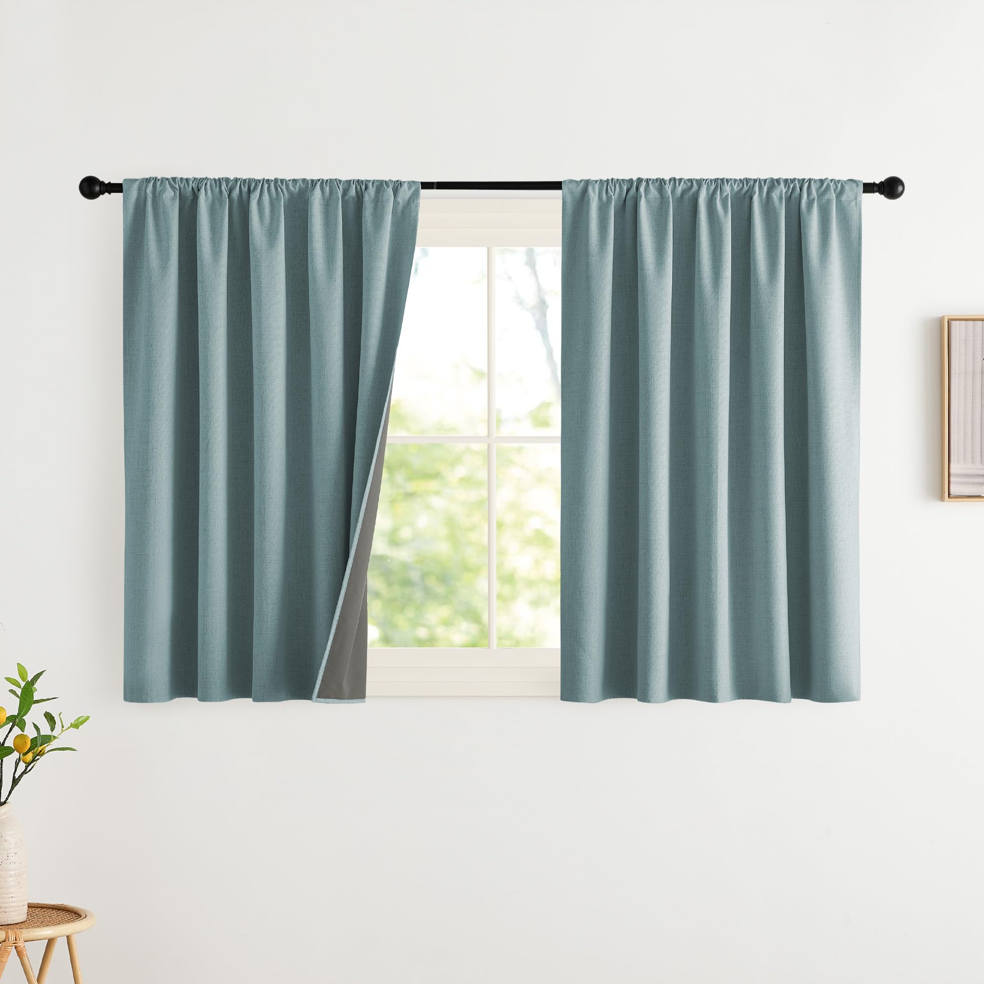 NICETOWN 100% Blackout Curtains for Bedroom, Living Room - Linen Textured Thermal Insulated Drapes Rod Pocket Top, Black Out Curtains with Grey Liner for Privacy, Natural, W52 x L80 in, 2 Panels