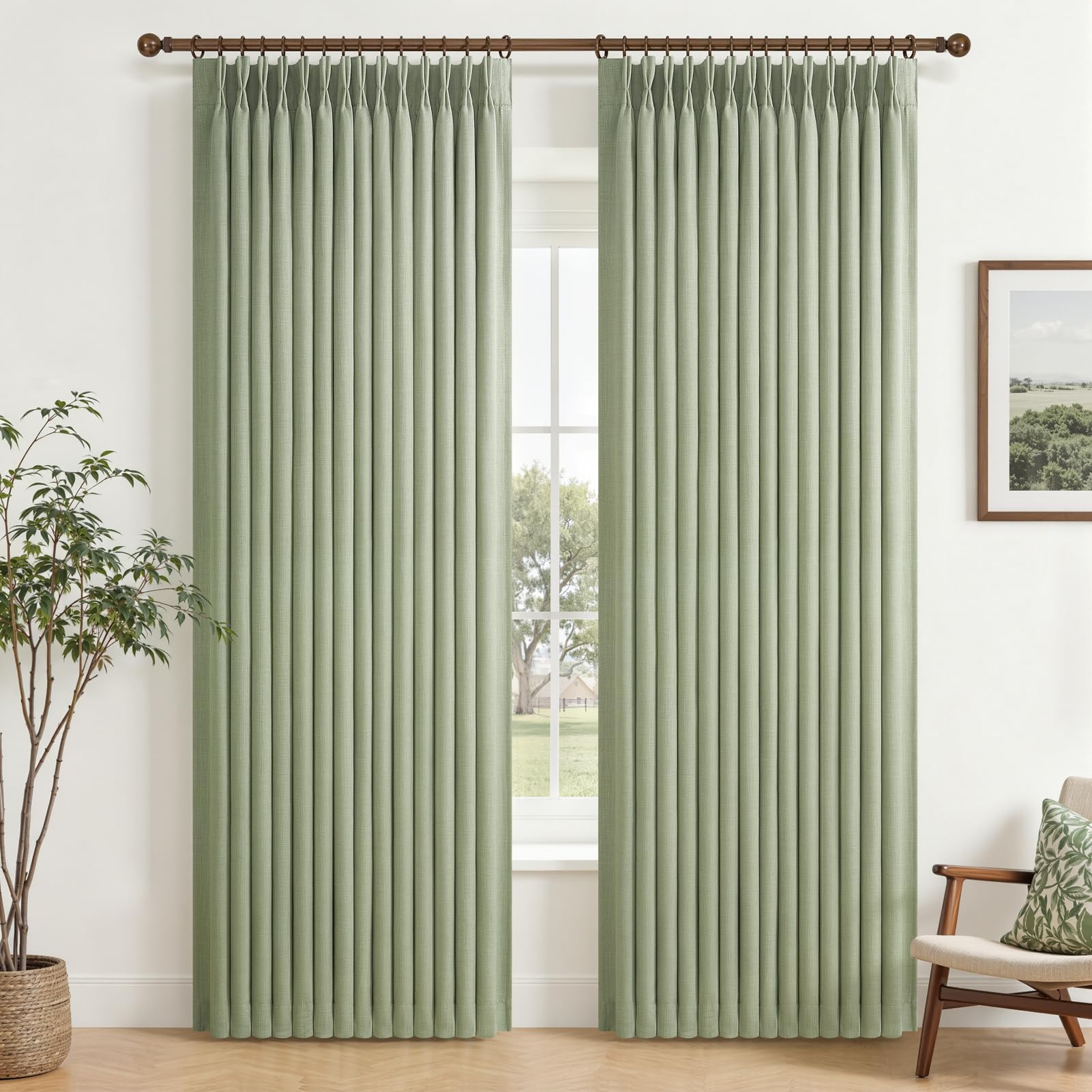 100% Blackout Linen 96 Inch Curtains 2 Panel Set for Bedroom, Modern Pinch Pleated Natural Linen Off Beige White Insulated Heavy Curtain 40 x 96 Inches Length Sliding Glass Door Room Darkening Drapes