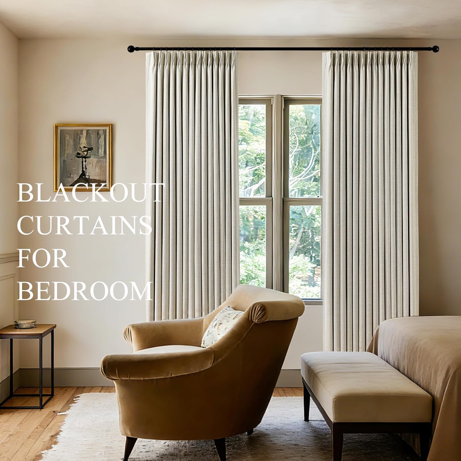 Pinch Pleated Curtains 100% Blackout Linen Curtains 95 Inches Long for Bedroom Living Room, Natural Memory Trained Thermal Insulated Room Darkening Window Pleat Drapes with Hooks, 2 Panels, 40"Wx95"L