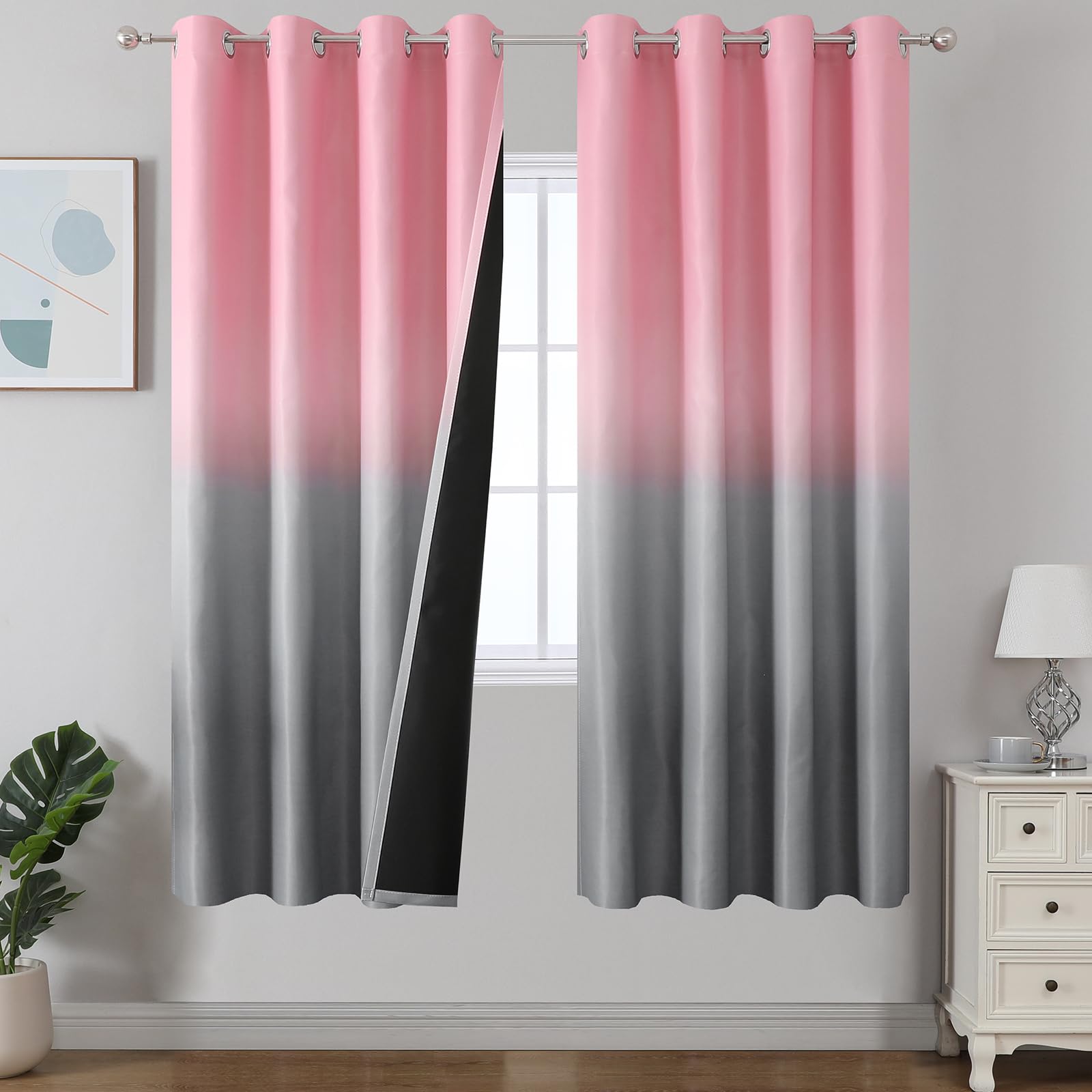 Estelar Textiler Black and Greyish White Blackout Curtains for Bedroom, Ombre Black out Curtains 84 Inch long for Living Room,Room Darkening Thermal Insulated Grommet Window Drapes,52x84 Inch,2 Panels