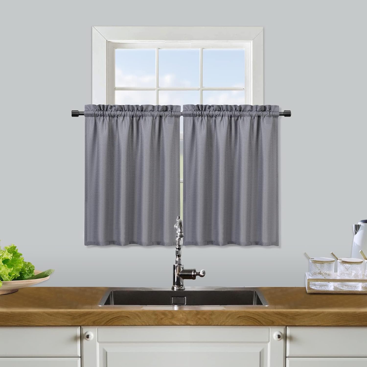 HOMERRY Waffle Textured Short Curtains Small Window Curtains Farmhouse Half Window Tier Curtains Waterproof Kitchen Curtains for Bathroom Kitchen Bedroom Living Room, Grey 30" W x36 L