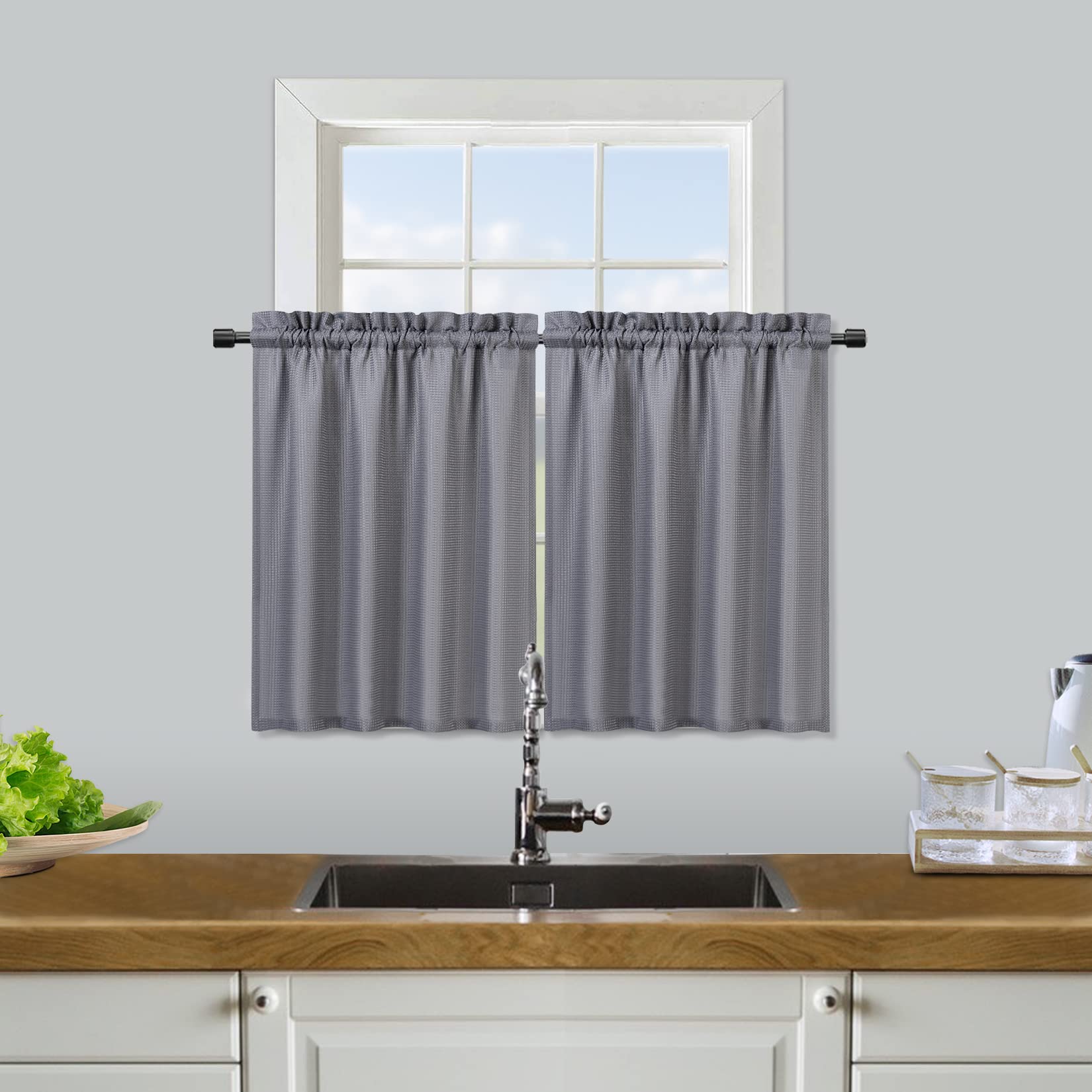 HOMERRY Waffle Textured Short Curtains Small Window Curtains Farmhouse Half Window Tier Curtains Waterproof Kitchen Curtains for Bathroom Kitchen Bedroom Living Room, Grey 30" W x36 L