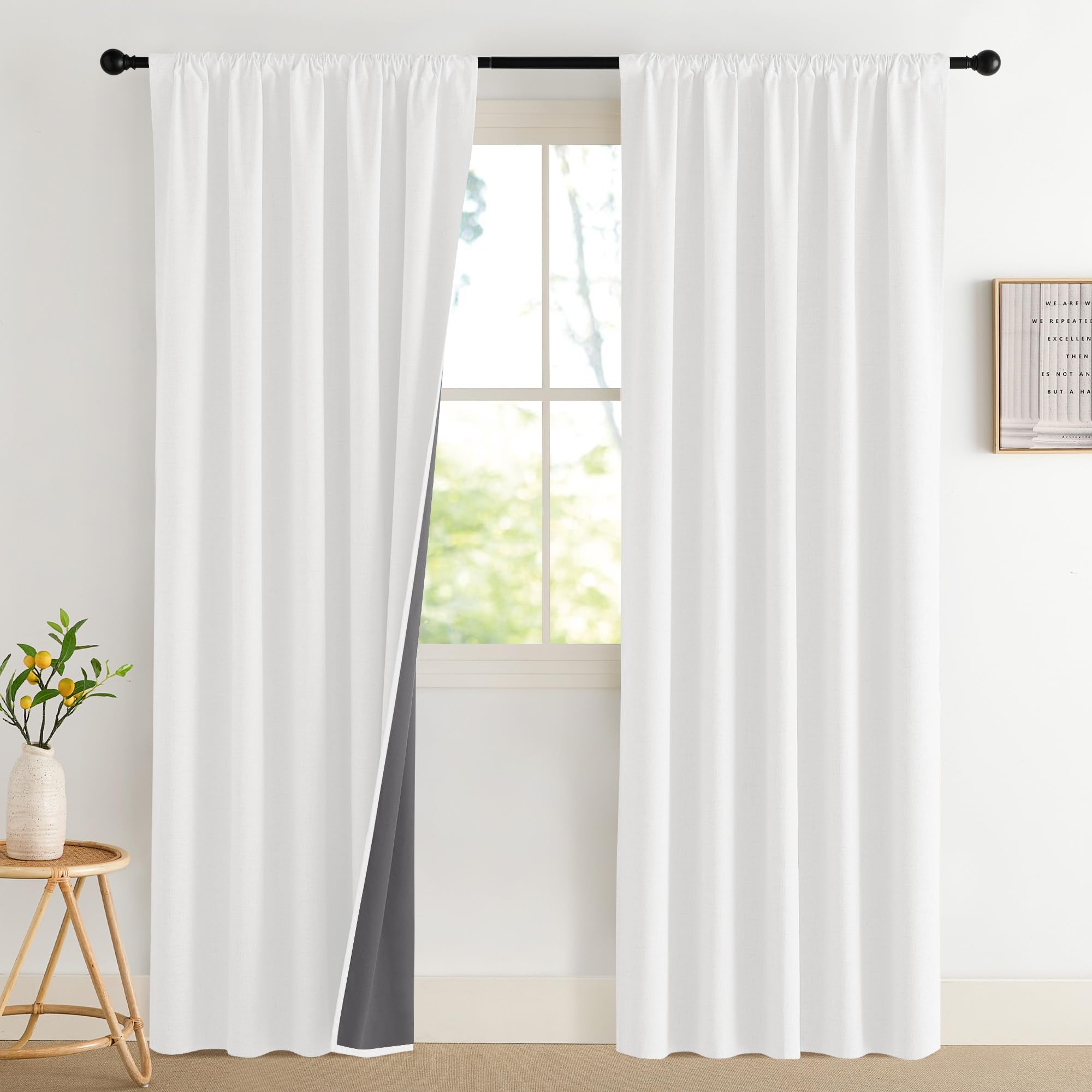 NICETOWN 100% Blackout Curtains for Bedroom, Living Room - Linen Textured Thermal Insulated Drapes Rod Pocket Top, Black Out Curtains with Grey Liner for Privacy, Natural, W52 x L80 in, 2 Panels