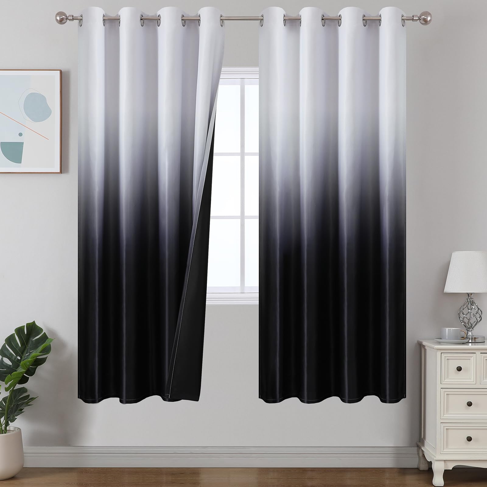 Estelar Textiler Black and Greyish White Blackout Curtains for Bedroom, Ombre Black out Curtains 84 Inch long for Living Room,Room Darkening Thermal Insulated Grommet Window Drapes,52x84 Inch,2 Panels