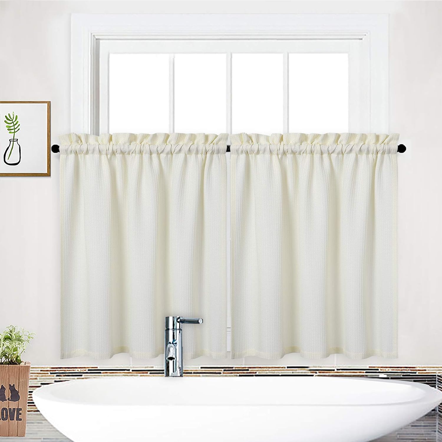 NANAN Bathroom Curtains Window, Waffle Weave Textured Short Tier Curtain, Waterproof Window Covering Kitchen Cafe Curtains - 30" x 36", Ivory, Set of 2