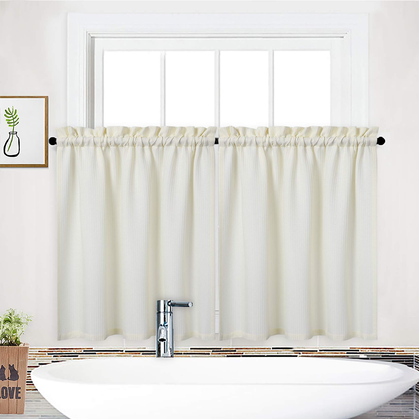 NANAN Bathroom Curtains Window, Waffle Weave Textured Short Tier Curtain, Waterproof Window Covering Kitchen Cafe Curtains - 30" x 36", Ivory, Set of 2