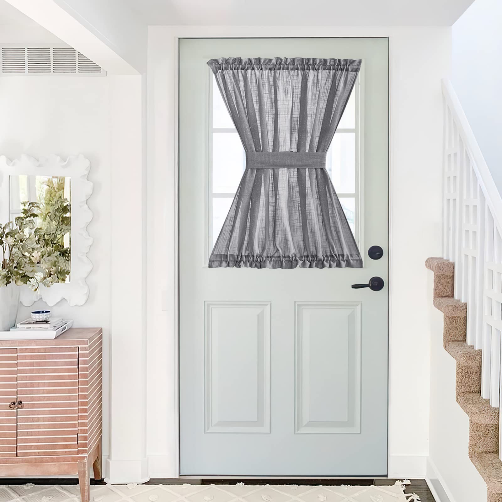 NICETOWN Front Door Curtain - Soft Beige Linen Weave Pattern Door Shade for Windows Light Filtering Rod Pocket French Window Cover for Entryway/Garage with Tieback, 1 Panel, 26" W x 40" L