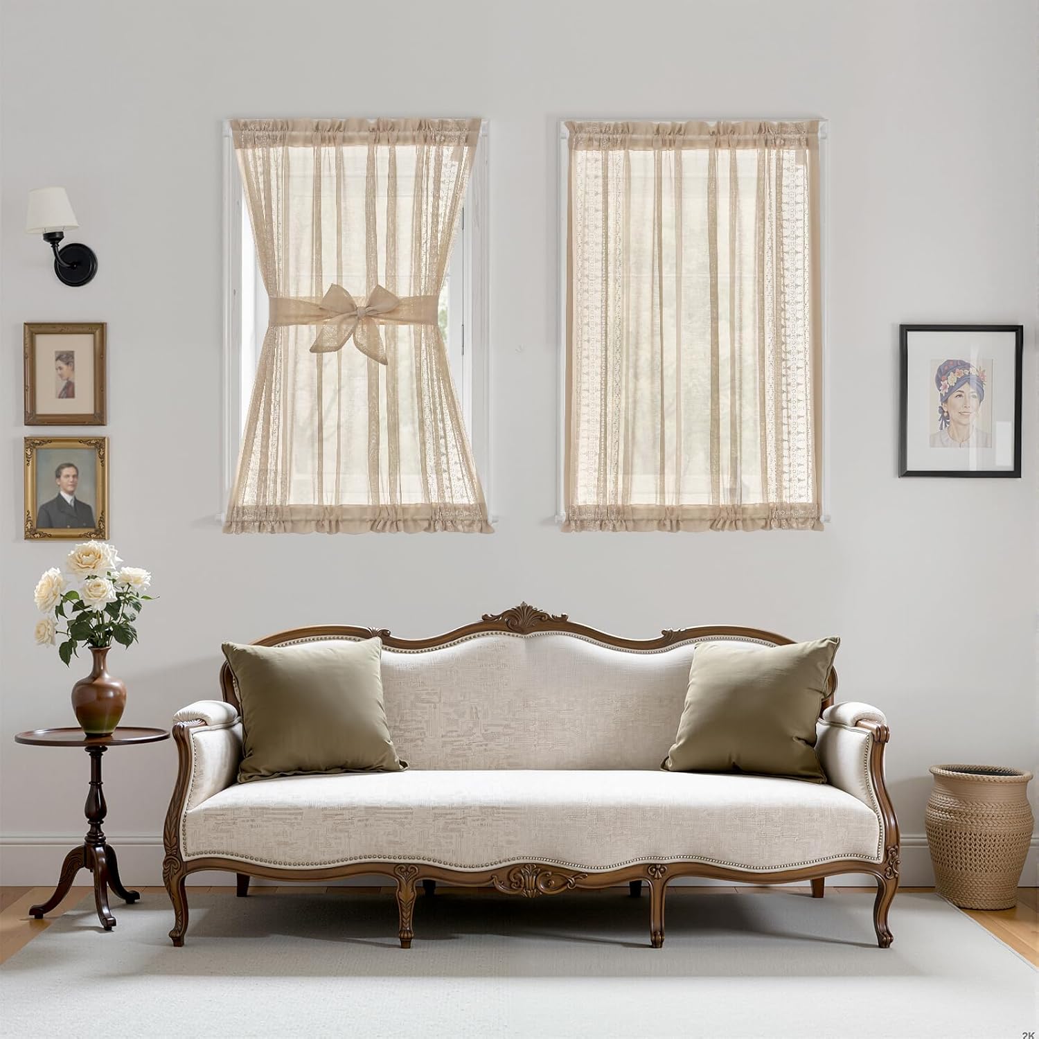 jinchan French Door Curtain Privacy Boho Embroidered Semi Sheer Voile Front Curtain for Window Doorway Closet, Door Panel with Tieback Rod Pocket 1 Panel (White on Beige, 55W x 40L Inch)