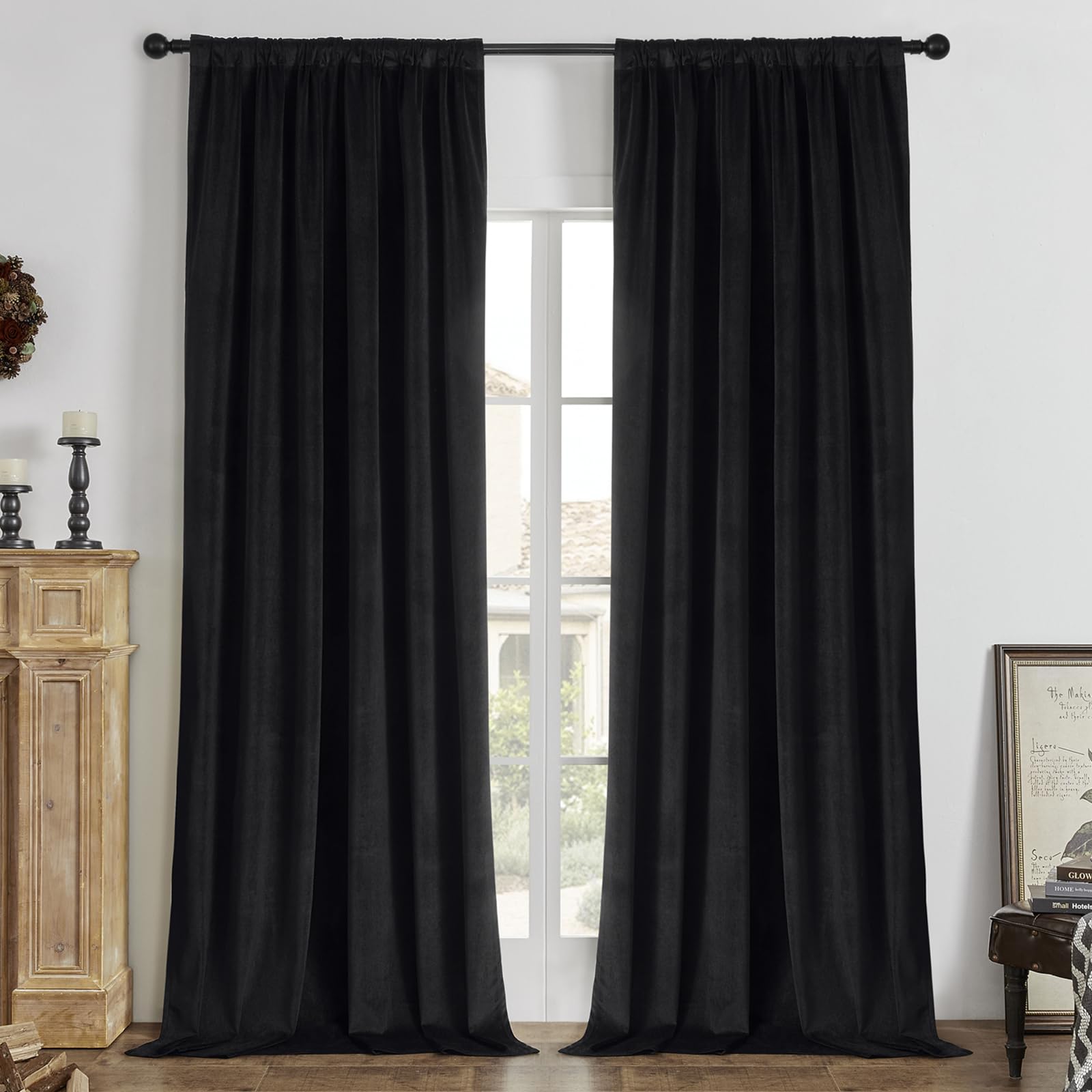 Joydeco Black 100% Blackout Curtains 84 Inch 2 Panels, Luxury Thermal Insulated Black Velvet Curtains for Bedroom Living Room, Soundproof Blackout Window Drapes, Rod Pocket & Back Tab (52W x 84L)