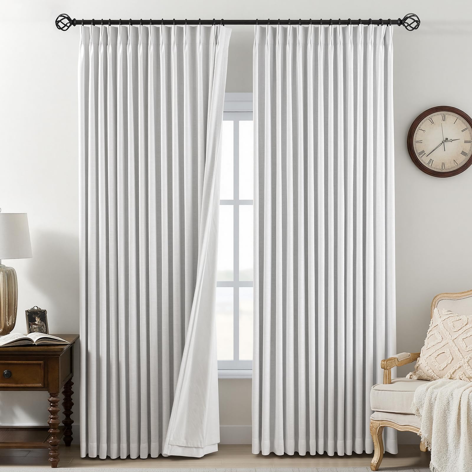Pinch Pleated Curtains 100% Blackout Linen Curtains 95 Inches Long for Bedroom Living Room, Natural Memory Trained Thermal Insulated Room Darkening Window Pleat Drapes with Hooks, 2 Panels, 40"Wx95"L