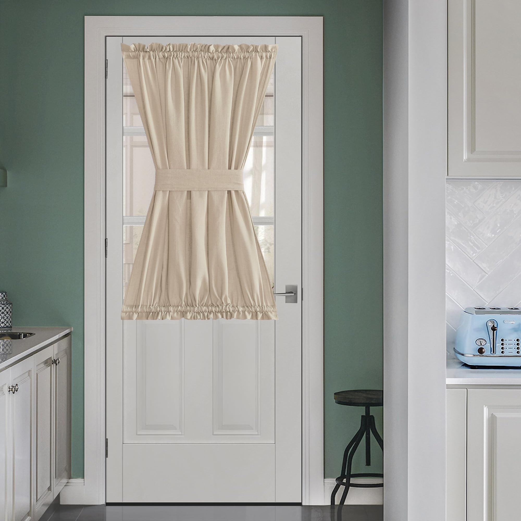 NICETOWN Front Door Curtain - Soft Beige Linen Weave Pattern Door Shade for Windows Light Filtering Rod Pocket French Window Cover for Entryway/Garage with Tieback, 1 Panel, 26" W x 40" L