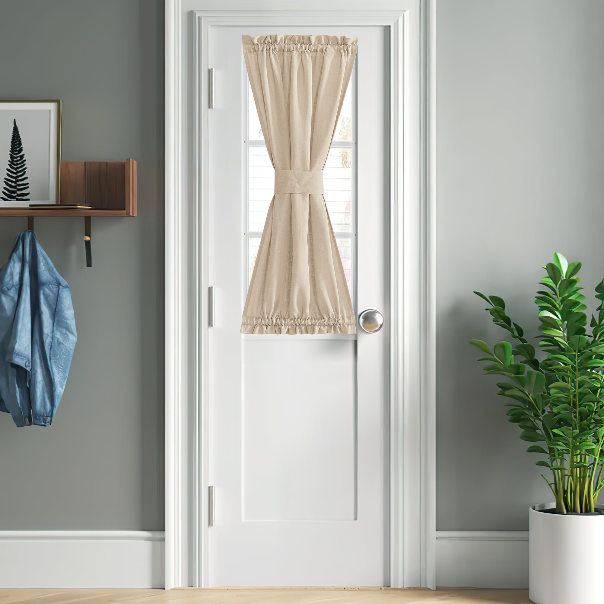 NICETOWN Front Door Curtain - Soft Beige Linen Weave Pattern Door Shade for Windows Light Filtering Rod Pocket French Window Cover for Entryway/Garage with Tieback, 1 Panel, 26" W x 40" L