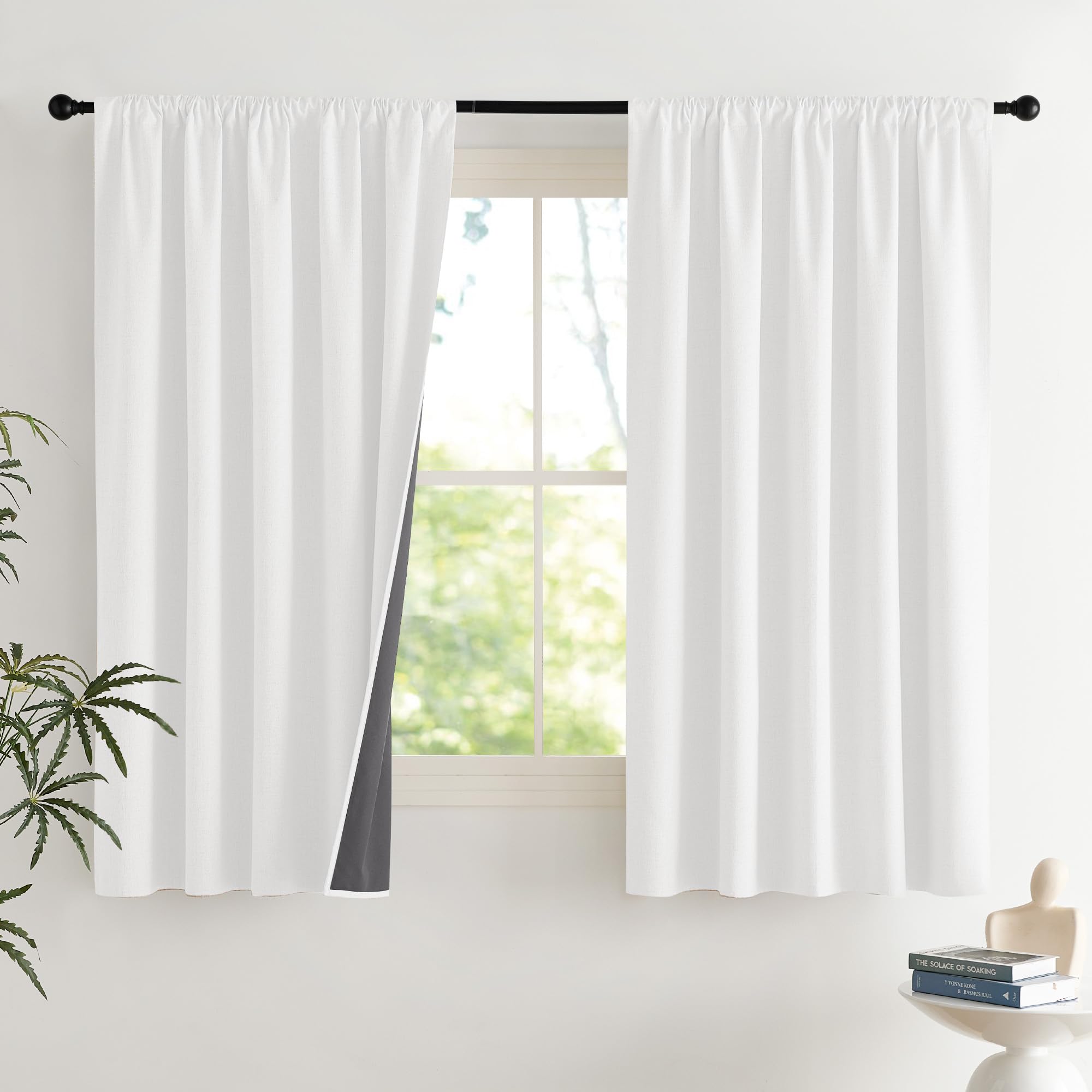 NICETOWN 100% Blackout Curtains for Bedroom, Living Room - Linen Textured Thermal Insulated Drapes Rod Pocket Top, Black Out Curtains with Grey Liner for Privacy, Natural, W52 x L80 in, 2 Panels